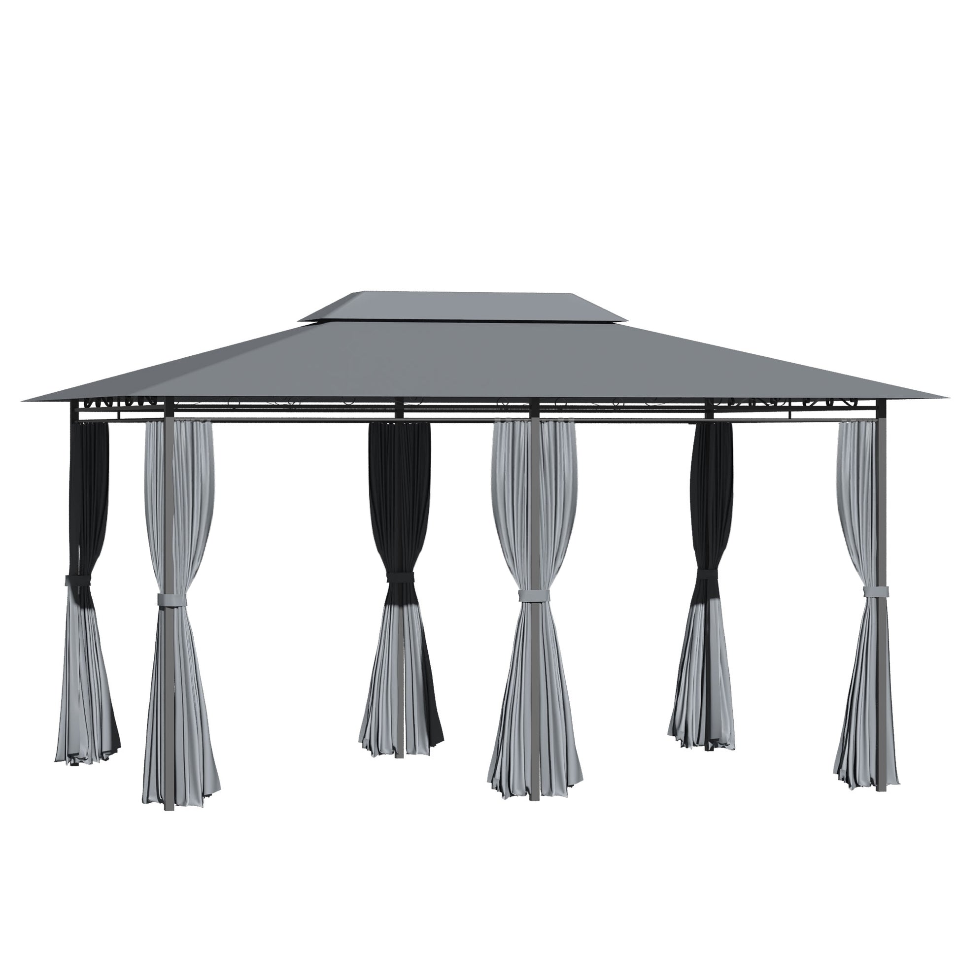 Grey metal gazebo with black and grey curtains for outdoor relaxation