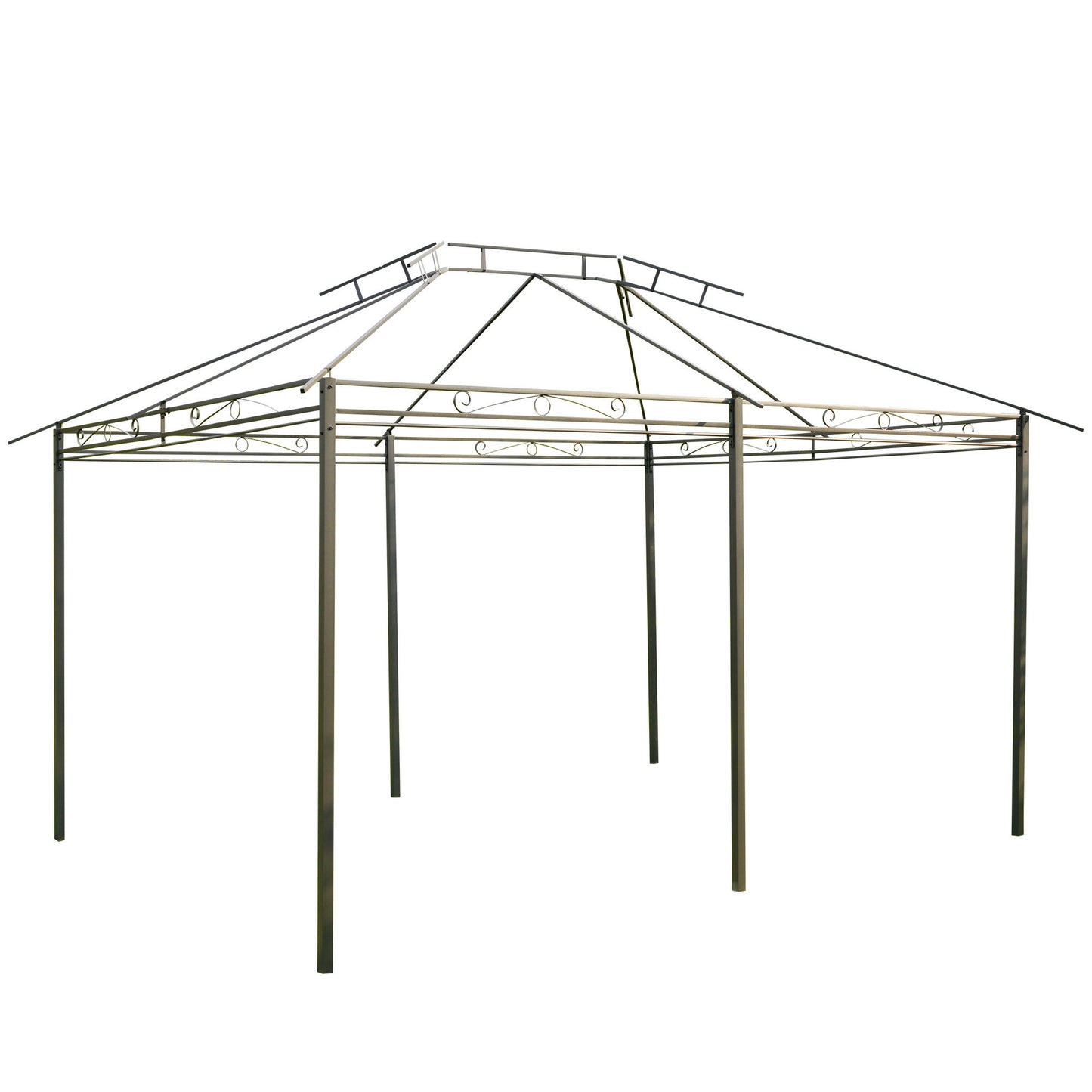 Metal patio gazebo frame with ornate scrollwork accents ideal for outdoor entertaining