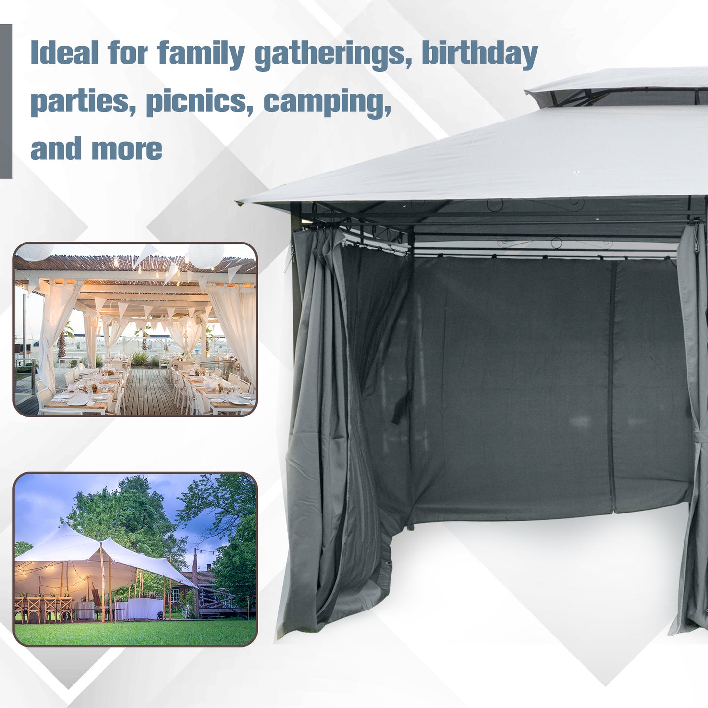 Gray polyester canopy with dark gray side curtains for outdoor events