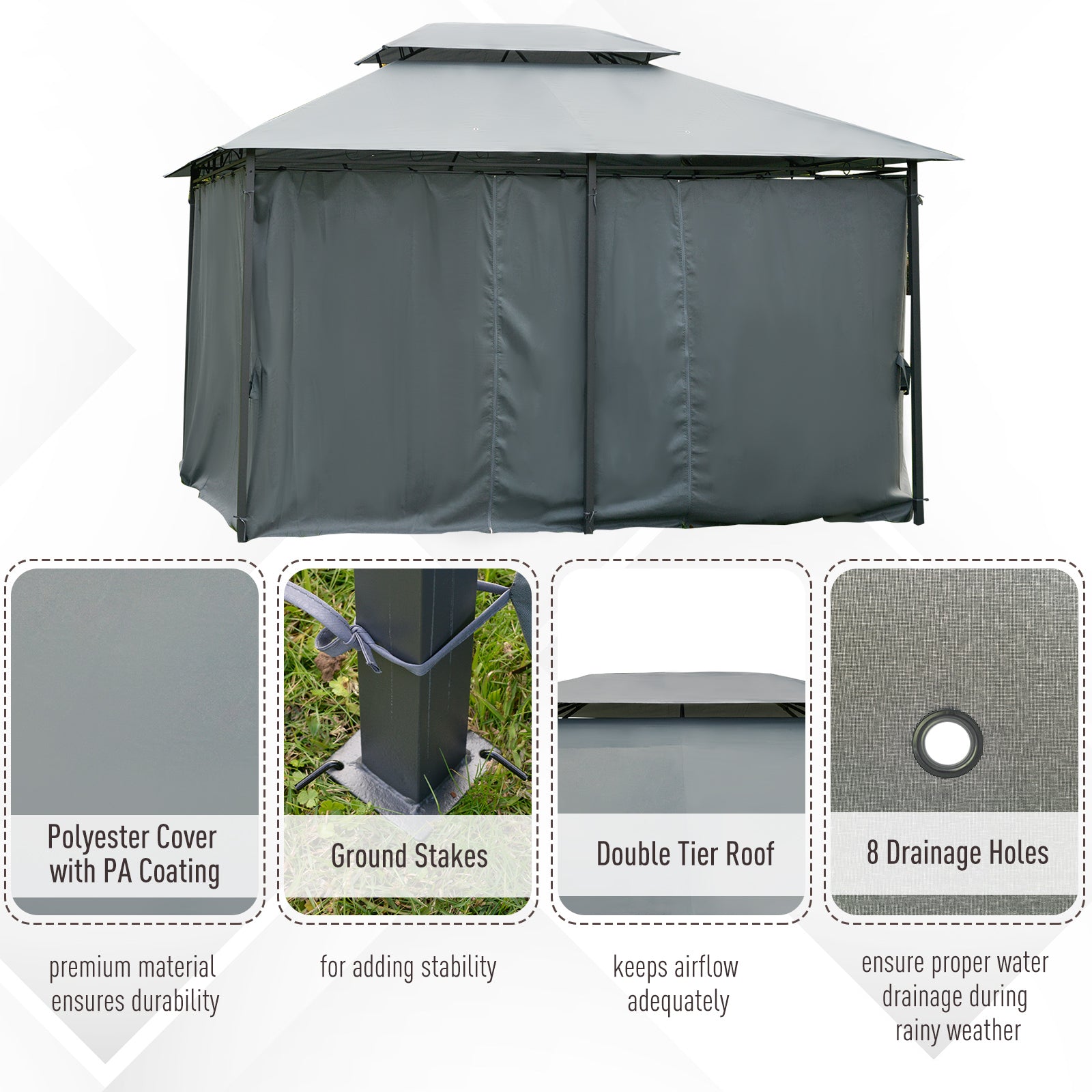 Gray polyester gazebo with PA coating featuring a doubletier roof and side curtains