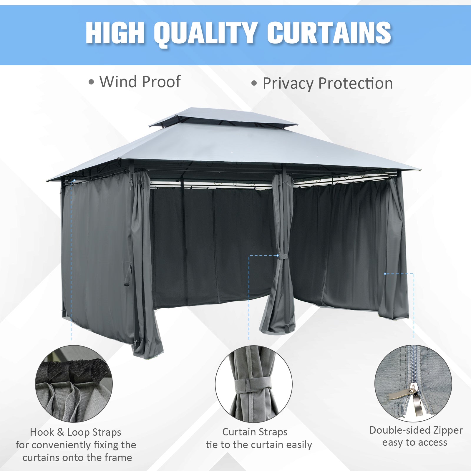 Gray outdoor gazebo curtains with hook  loop straps for secure attachment