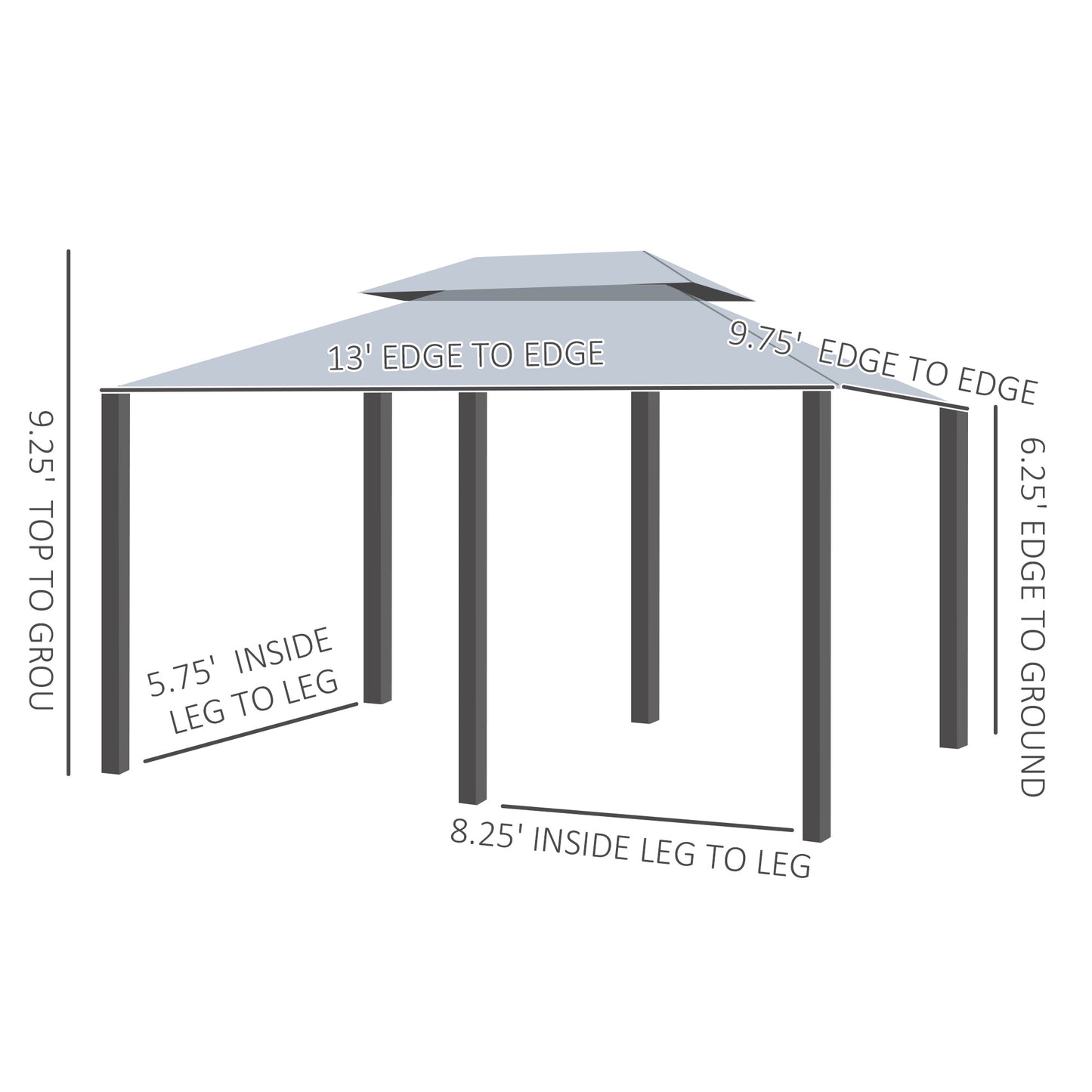 Diagram of a  gazebo with dimensions  height  to ground  inside leg span