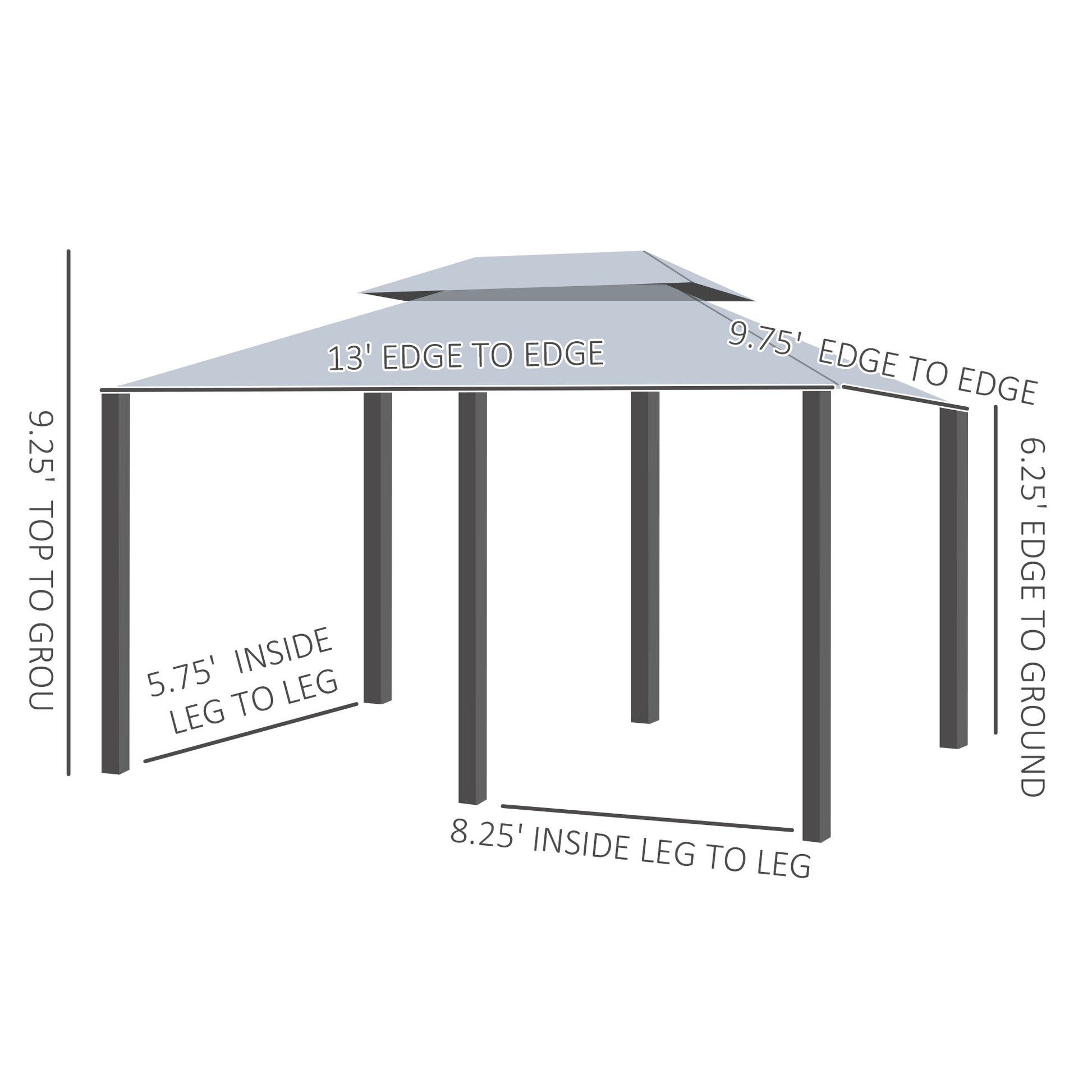 Diagram of a  gazebo with dimensions  height  to ground  inside leg span