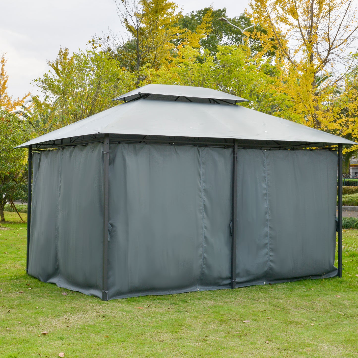 Gray outdoor gazebo with fulllength curtains for privacy and shade