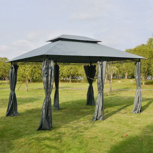Dark gray gazebos with curtains for outdoor events on a grassy lawn