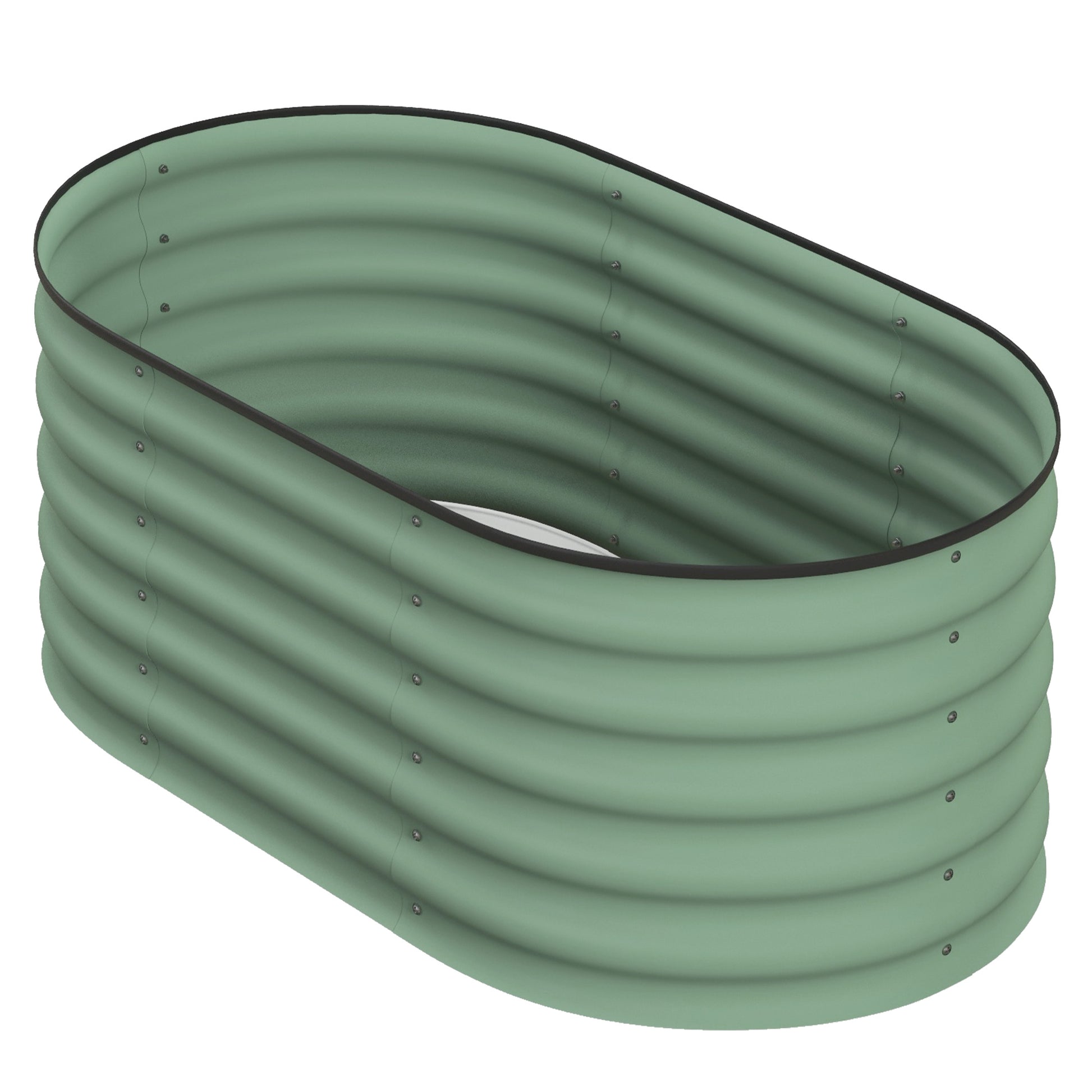 Sage green oval corrugated metal raised garden bed with black trim