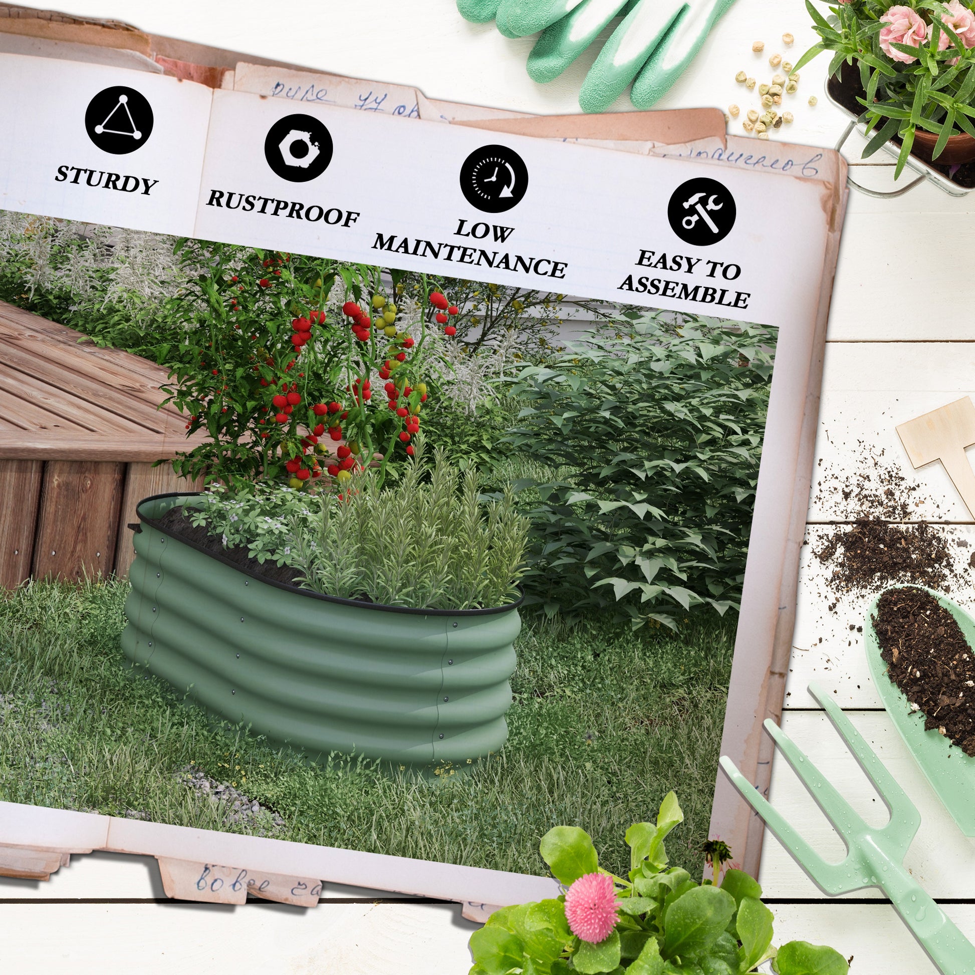 Sage green corrugated metal raised garden bed with herbs and tomatoes