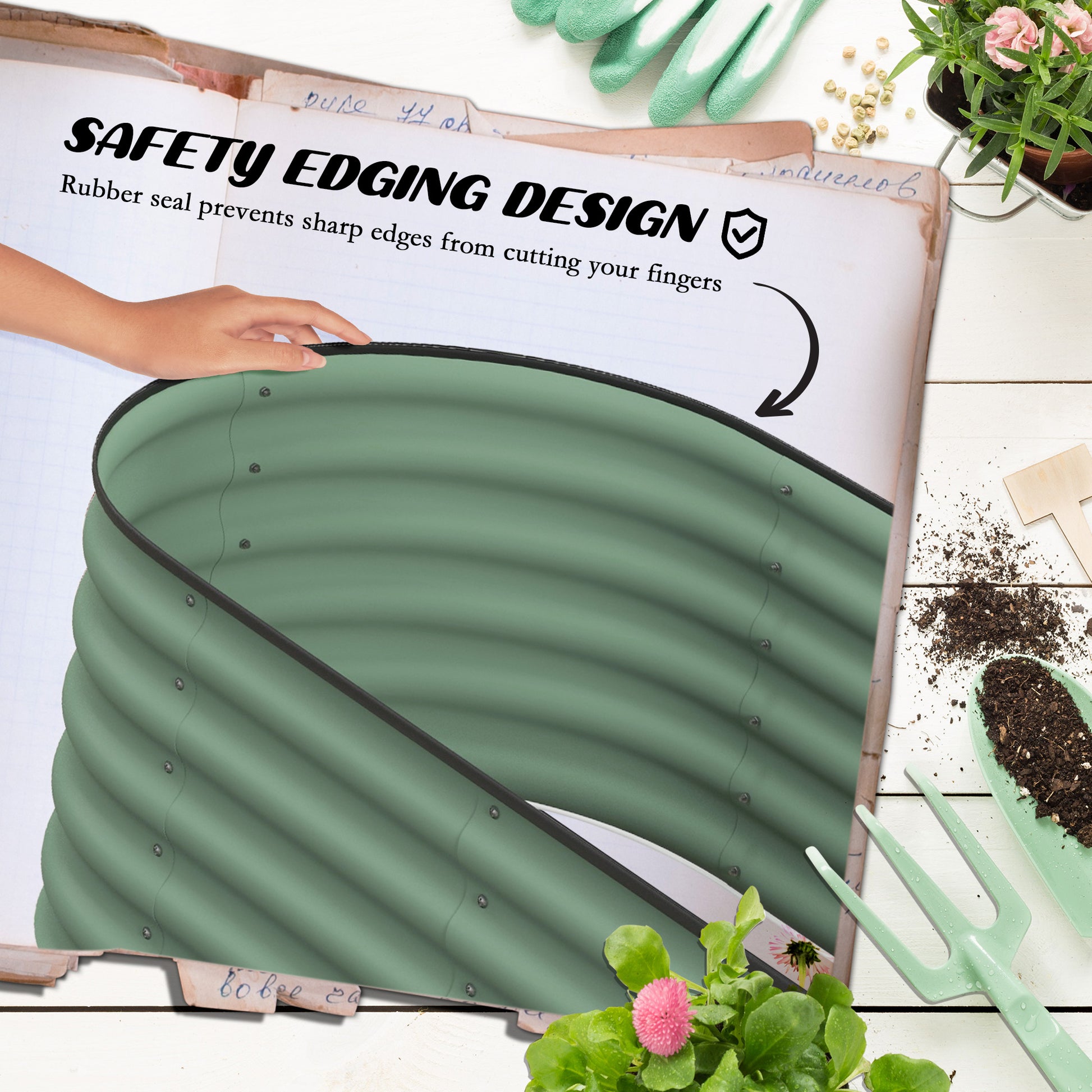 Sage green corrugated raised garden bed with safety edging design