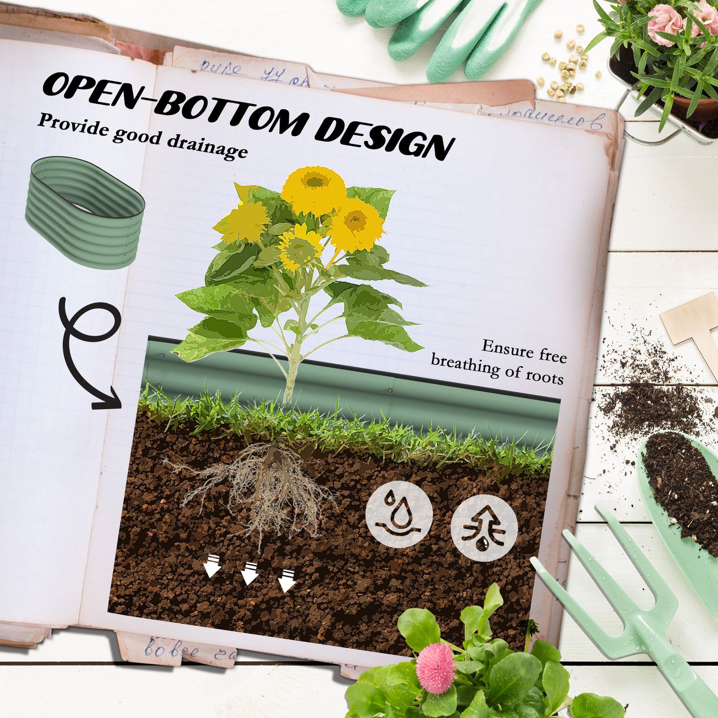 Sage green corrugated metal garden bed with open bottom design for plants