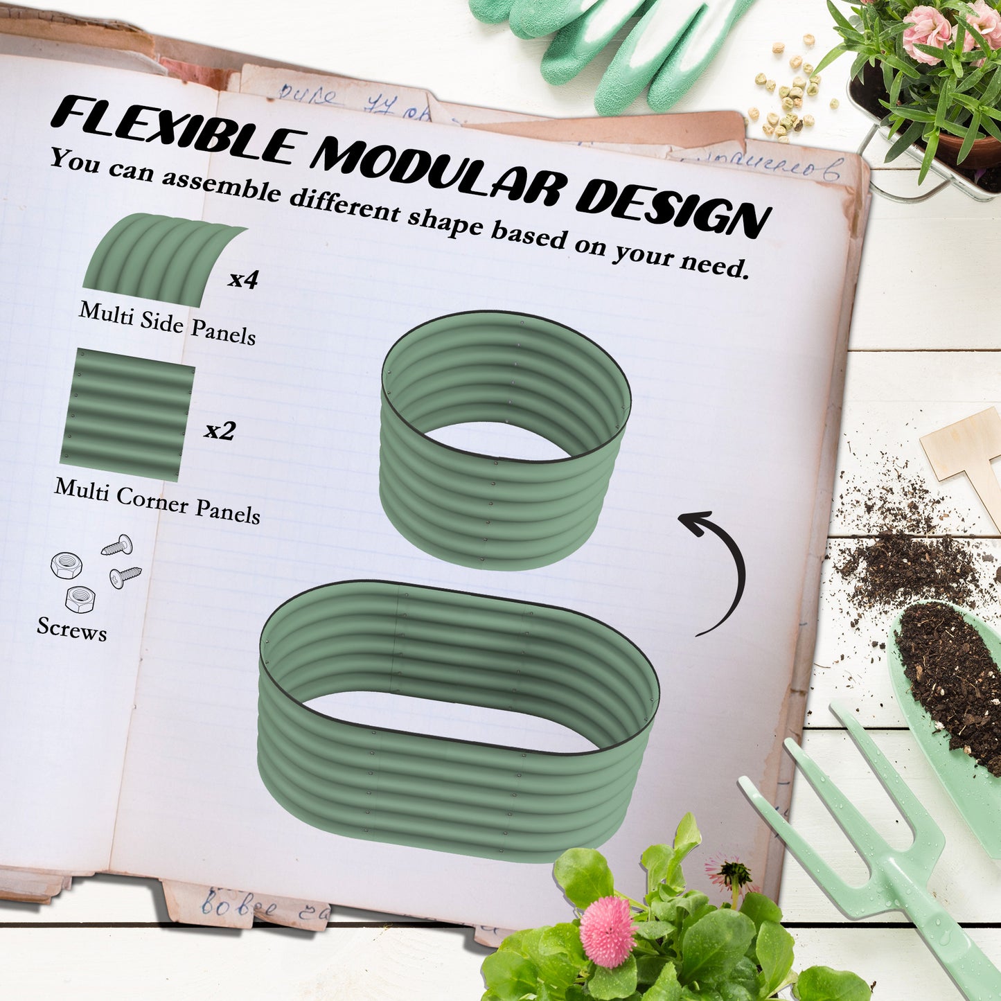 Green modular raised garden bed kit with side and corner panels shown