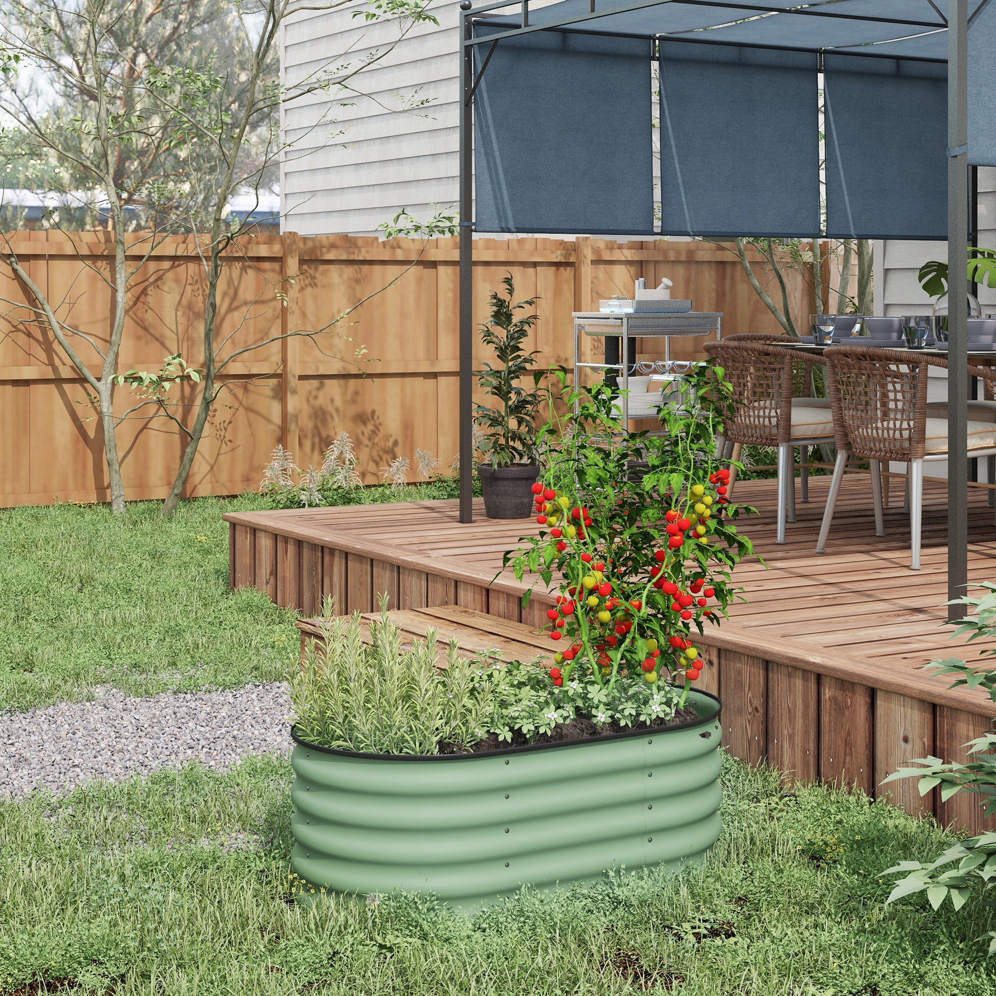 Sage and rosemary in a circular sage green metal raised garden bed for outdoor planting