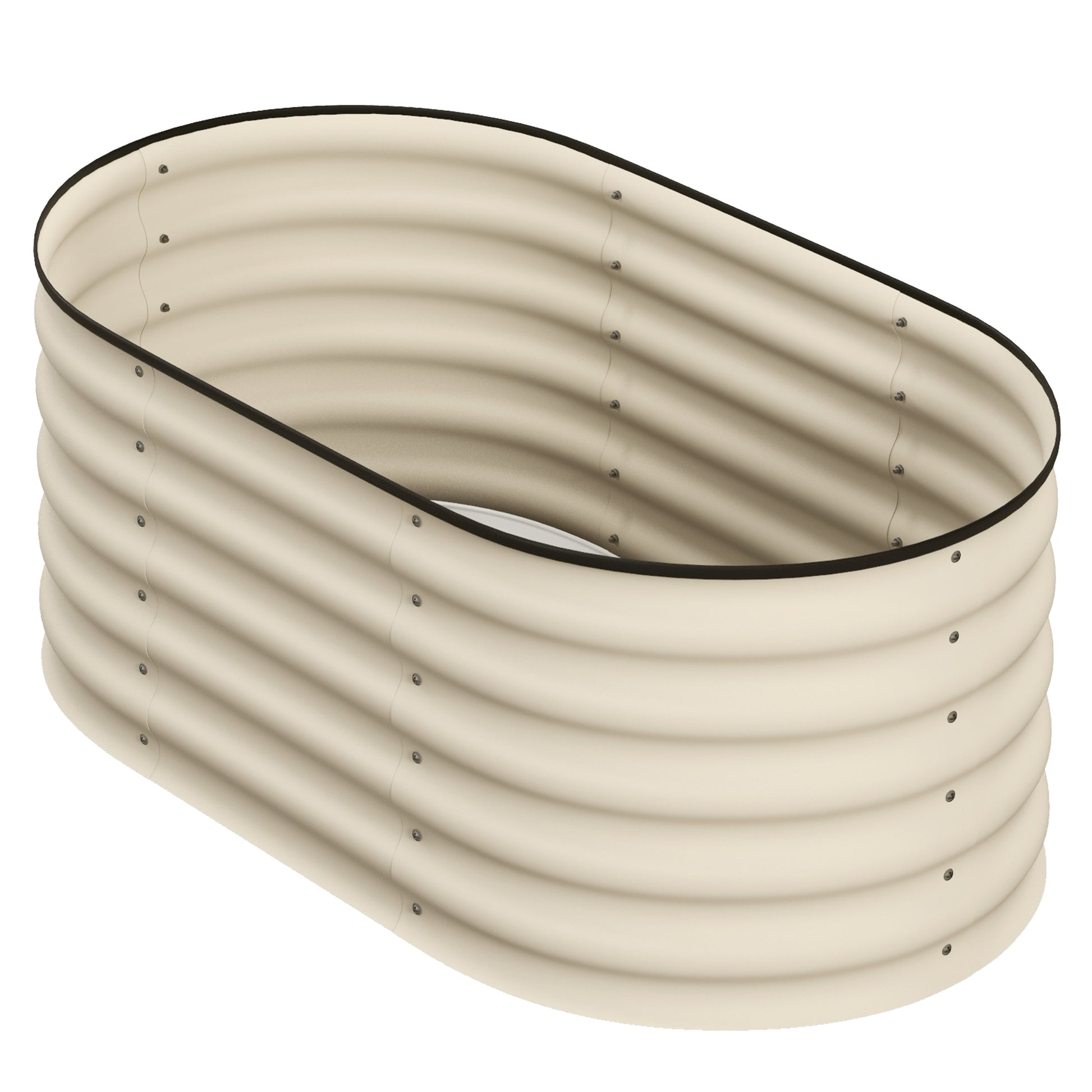 Tall oval raised garden bed in light beige corrugated metal for versatile planting