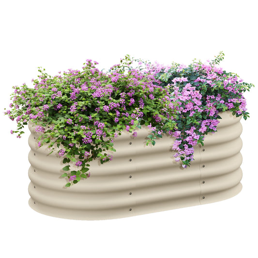 Beige corrugated metal raised garden bed filled with vibrant pink bougainvillea flowers