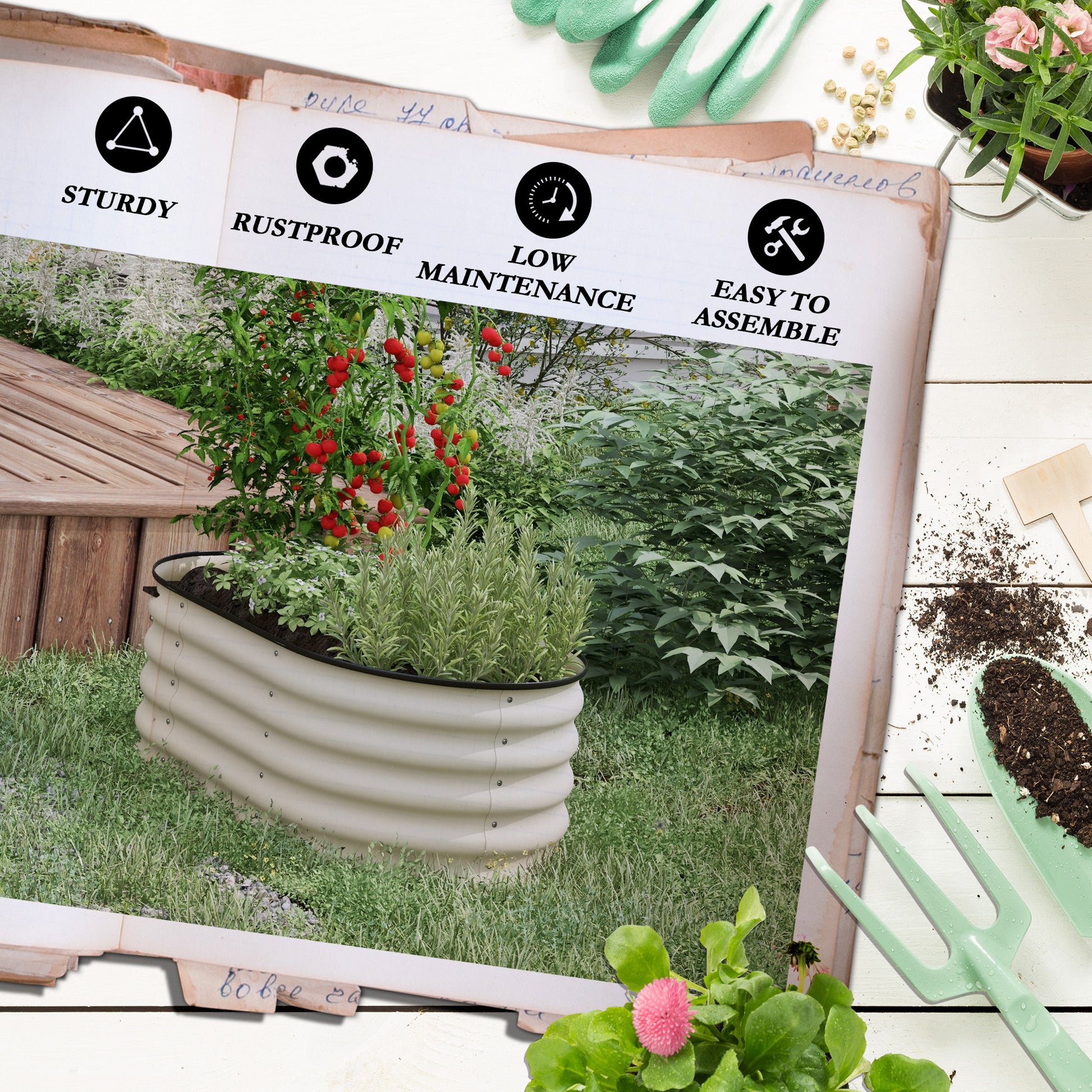 Cream corrugated metal raised garden bed with herbs and tomato plants