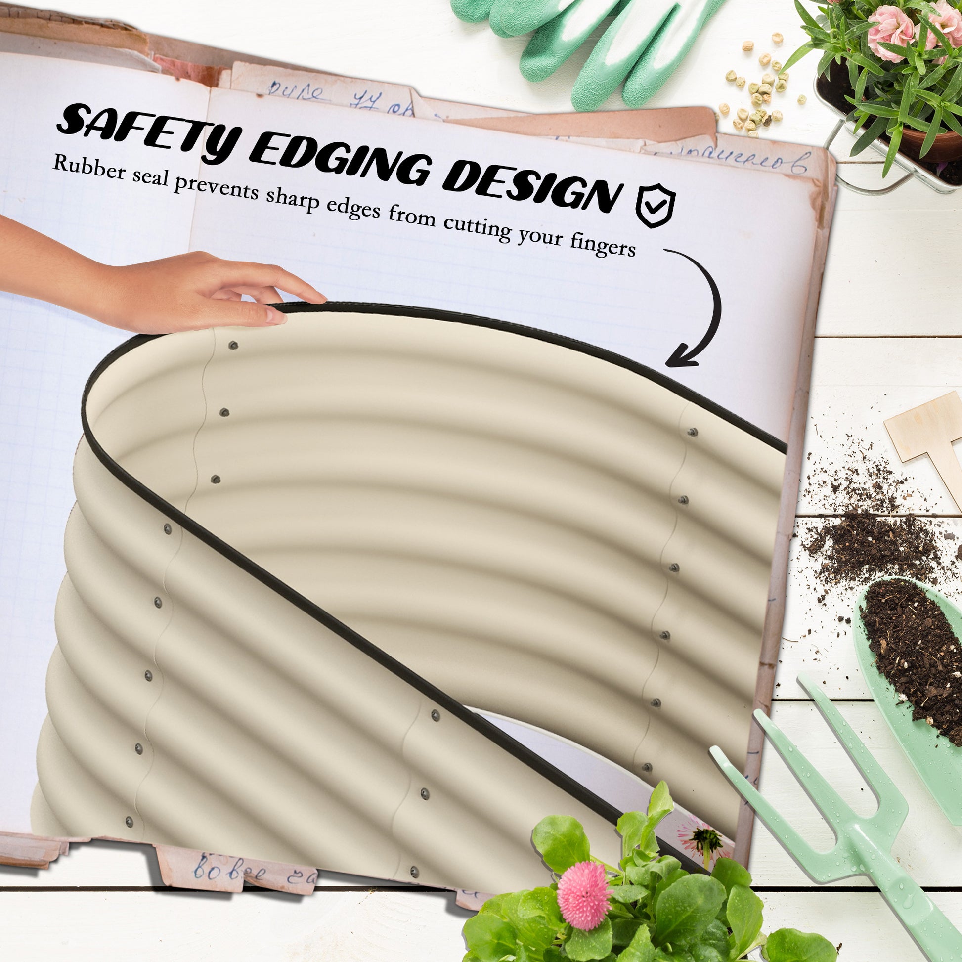 Beige corrugated raised garden bed with safety edging design and rubber seal
