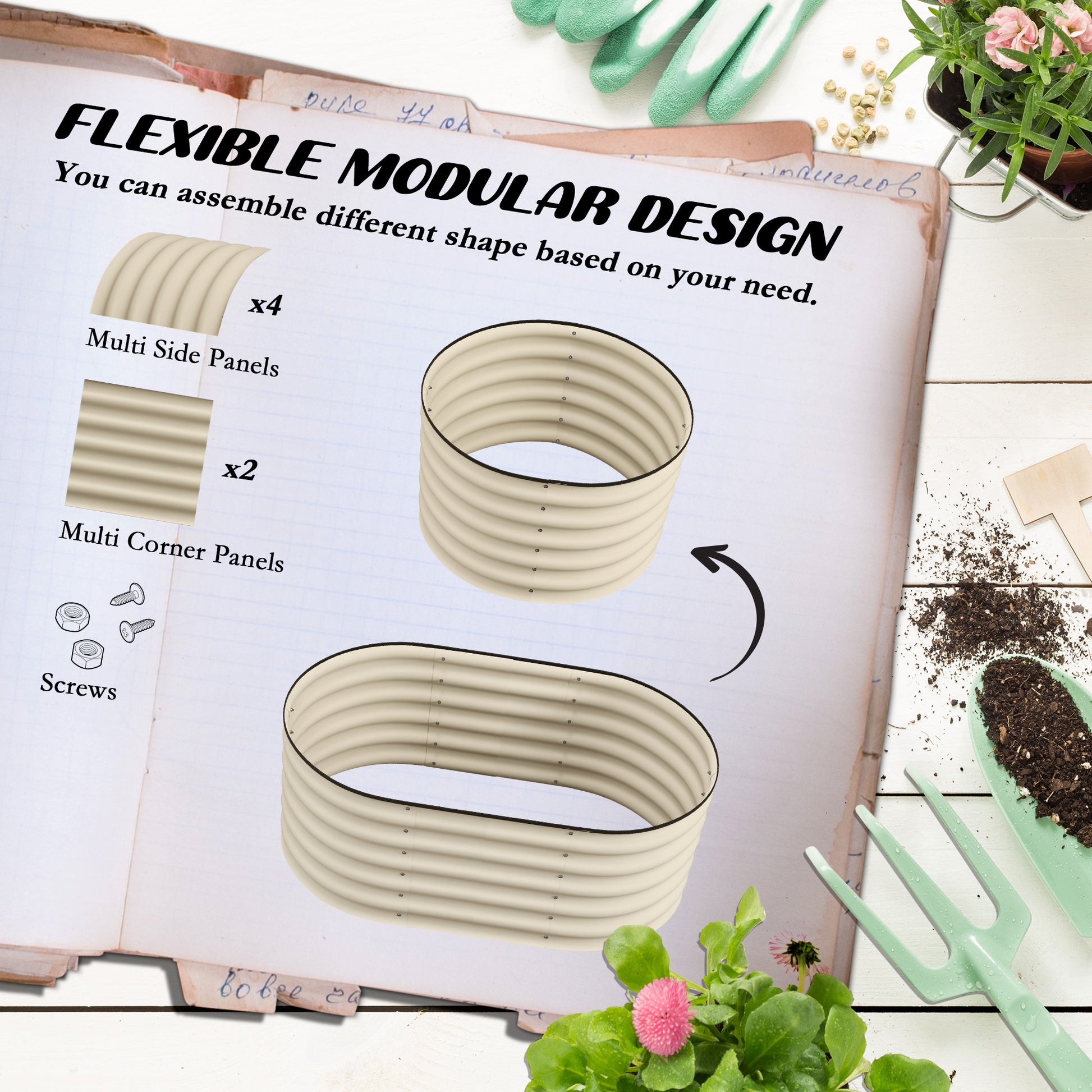 Beige corrugated metal garden bed side panel x