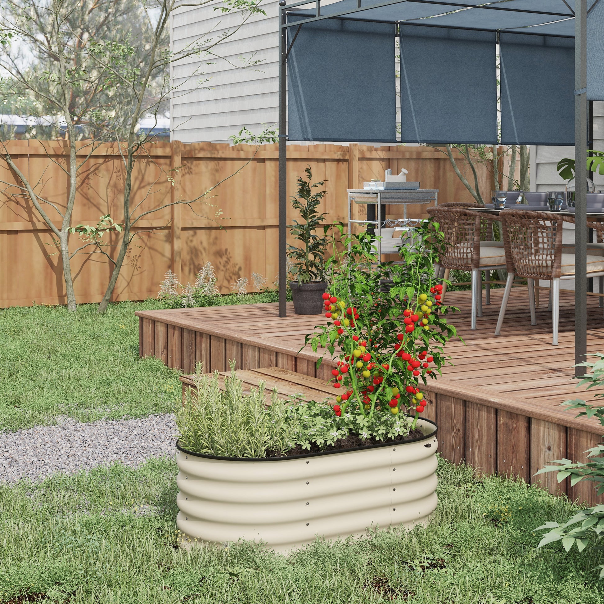Beige corrugated metal raised garden bed overflowing with herbs and ripe tomatoes on a lush lawn