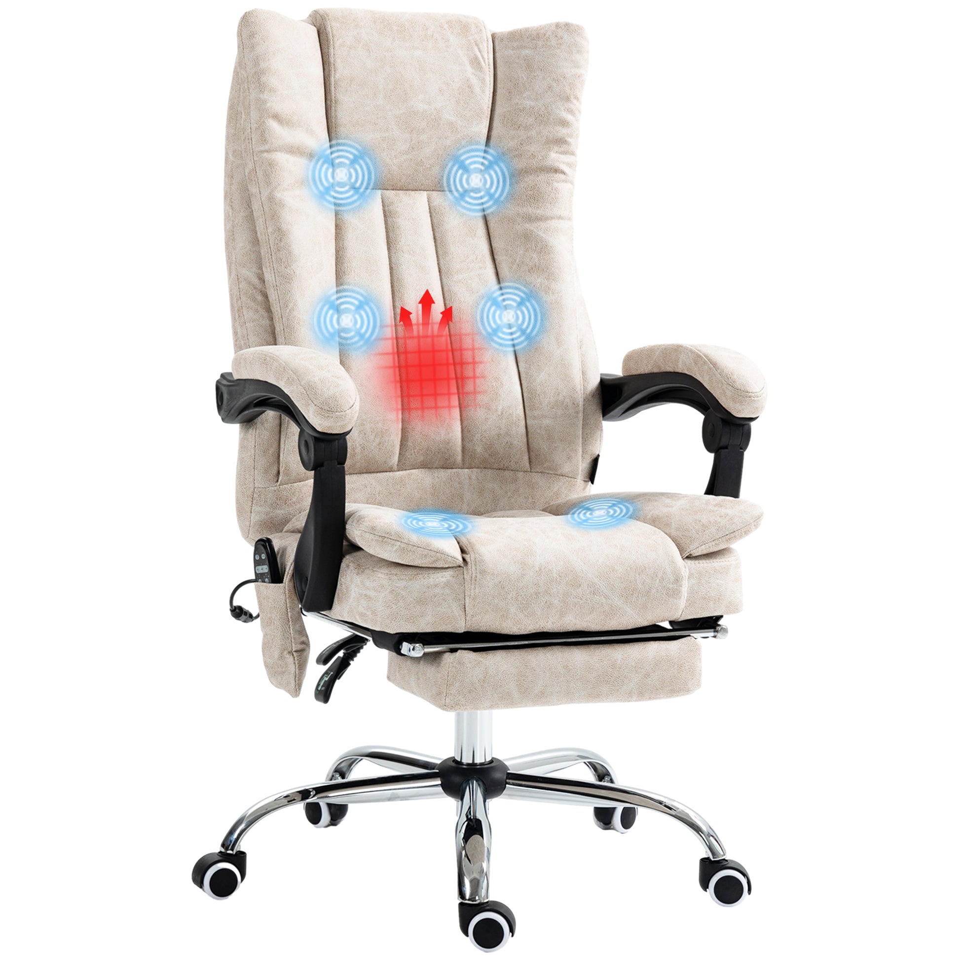Beige executive office chair with integrated massage functions and retractable footrest