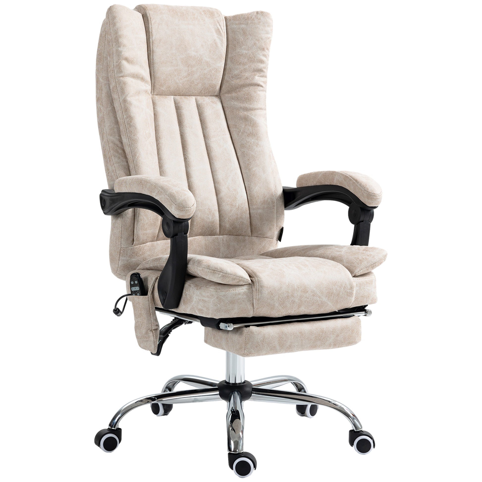 Cream fabric office chair with adjustable footrest and lumbar support