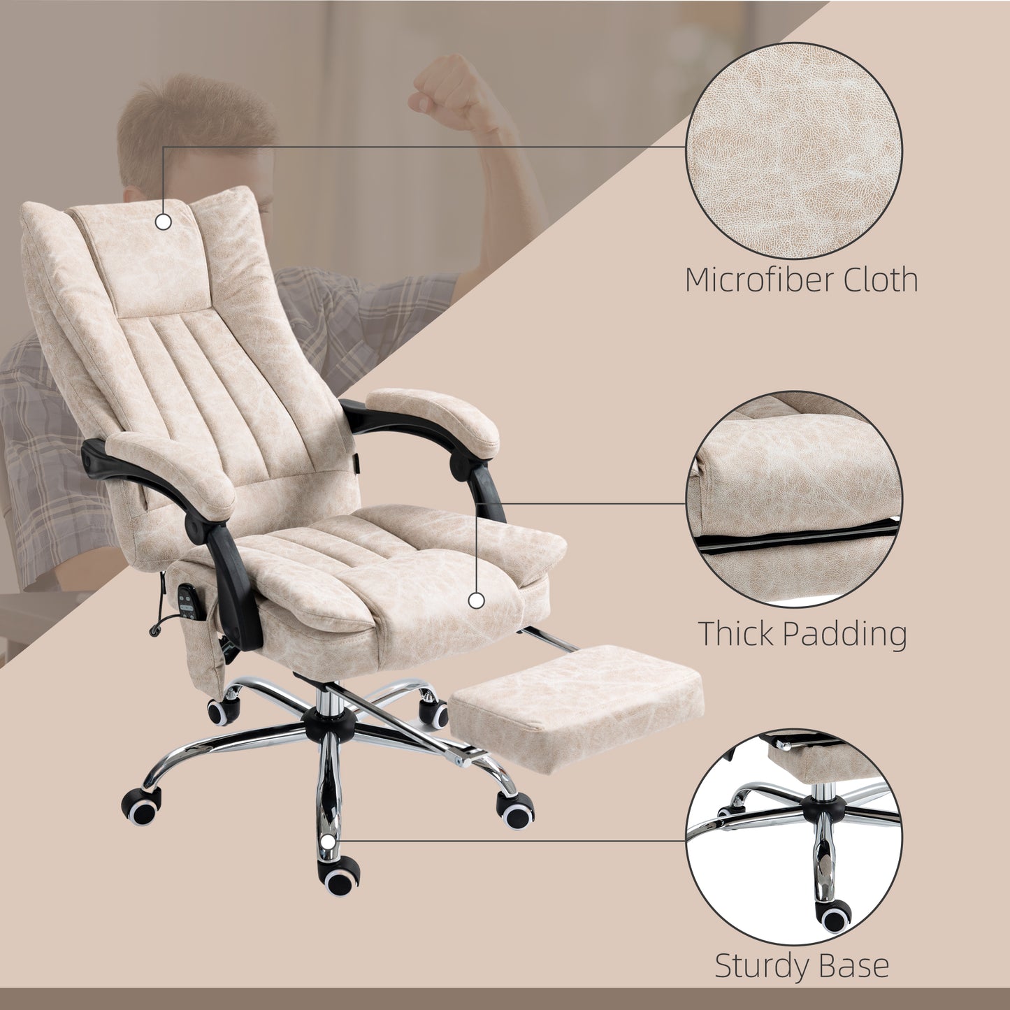 Beige microfiber cloth executive office chair with plush cushioning and retractable footrest