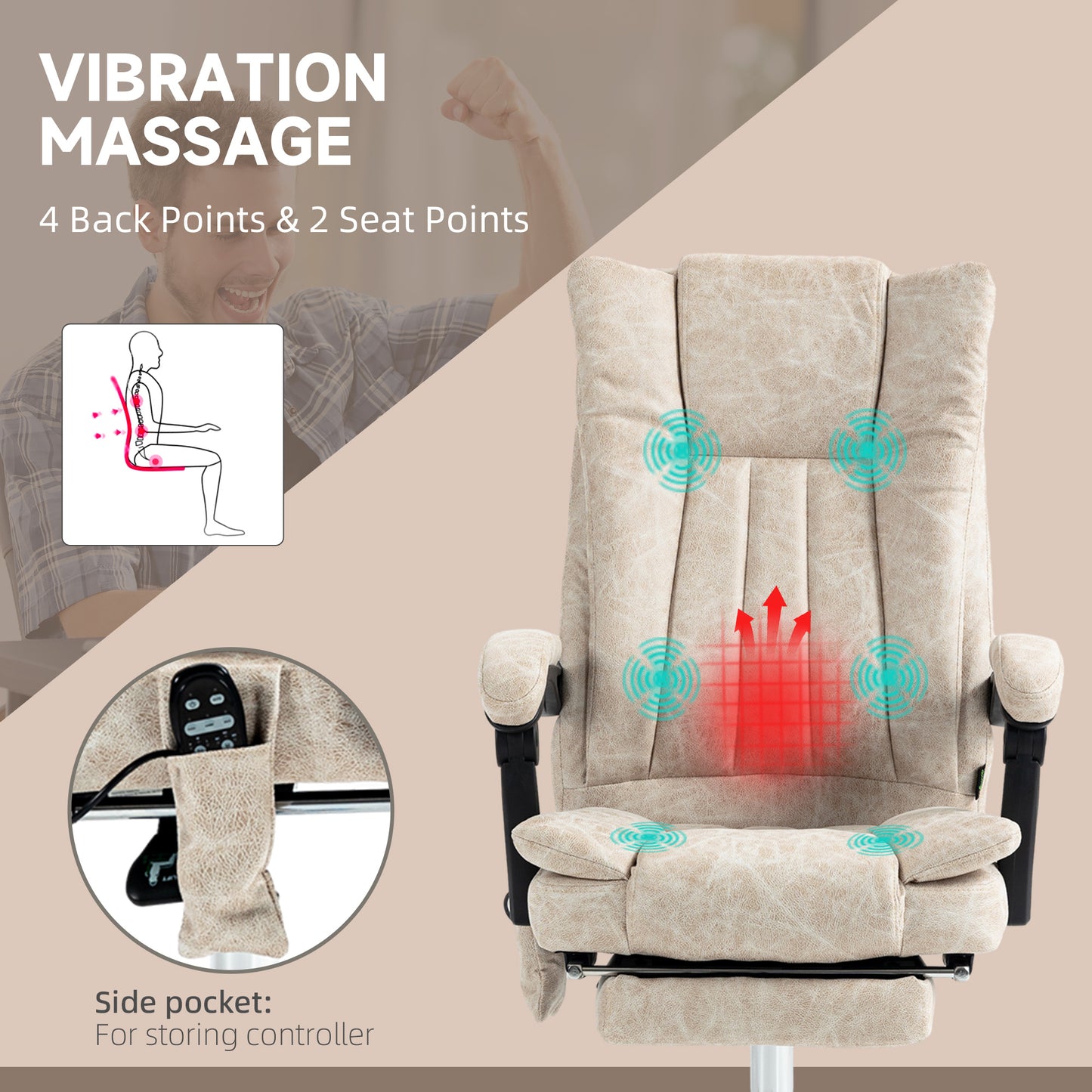 Office chair with vibration massage features beige textured fabric and a footrest