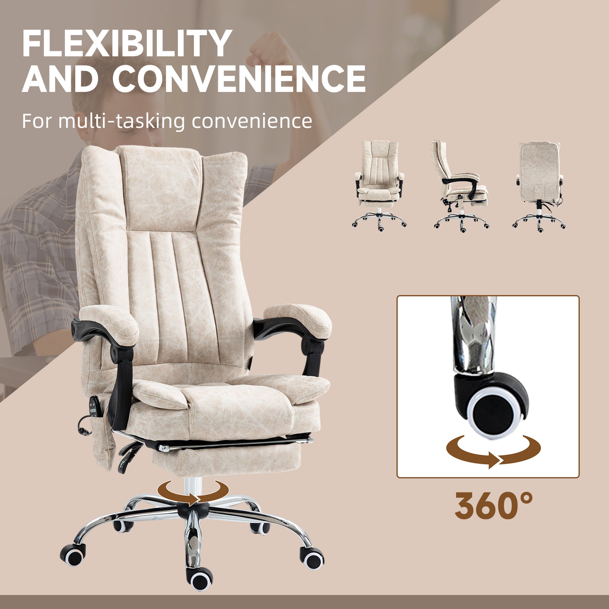 Beige executive office chair with padded arms and a reclining footrest ideal for home offices