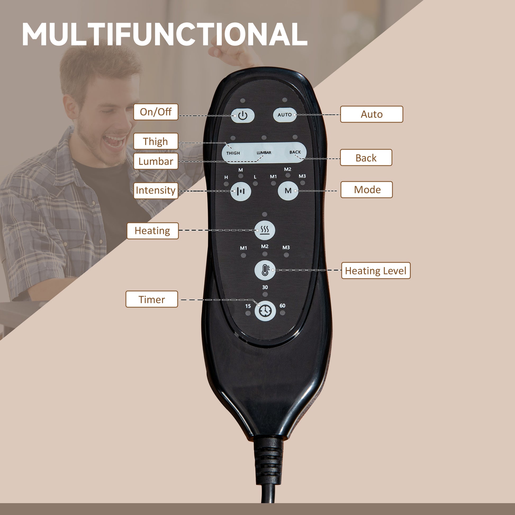 Black multifunctional massage chair remote with OnOff button