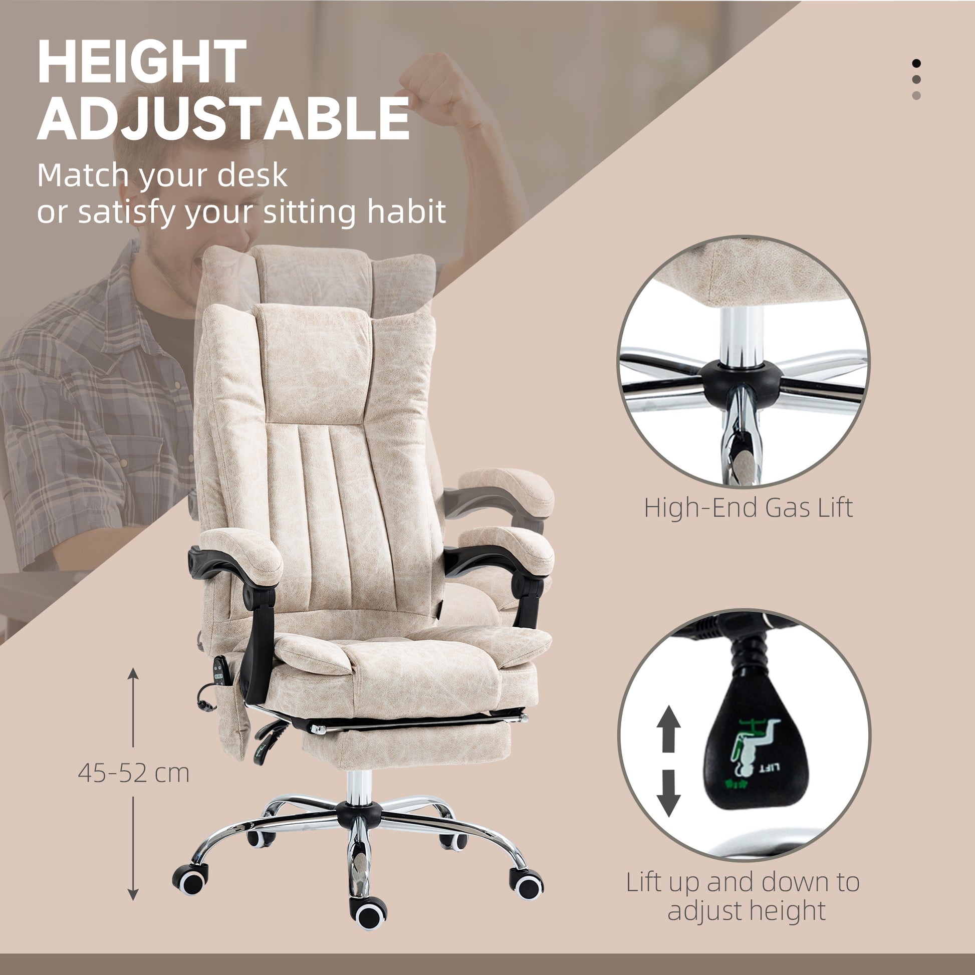 Cream upholstered office chair with adjustable height and footrest