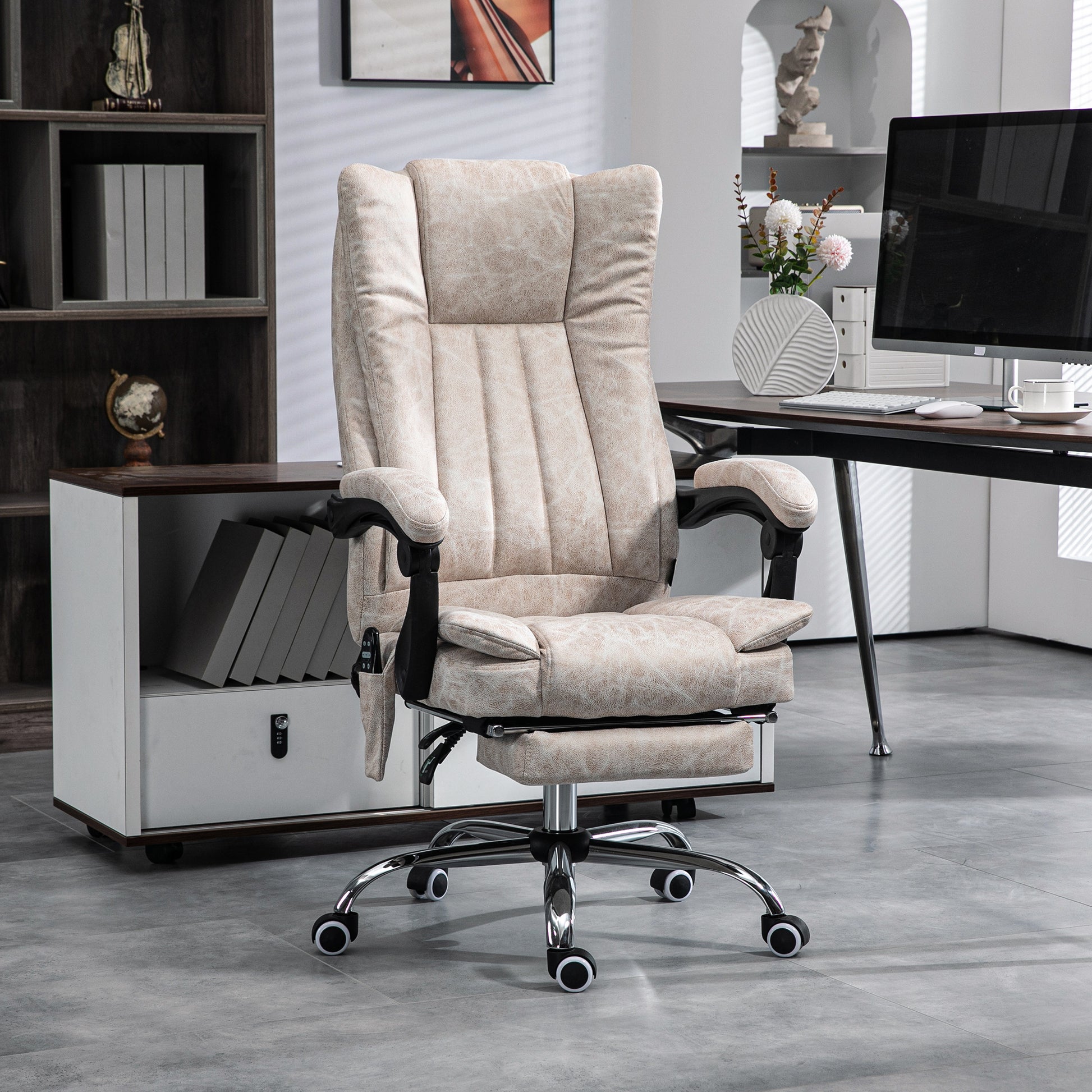Ergonomic beige upholstered office chair with footrest and massage function ideal for home office comfort