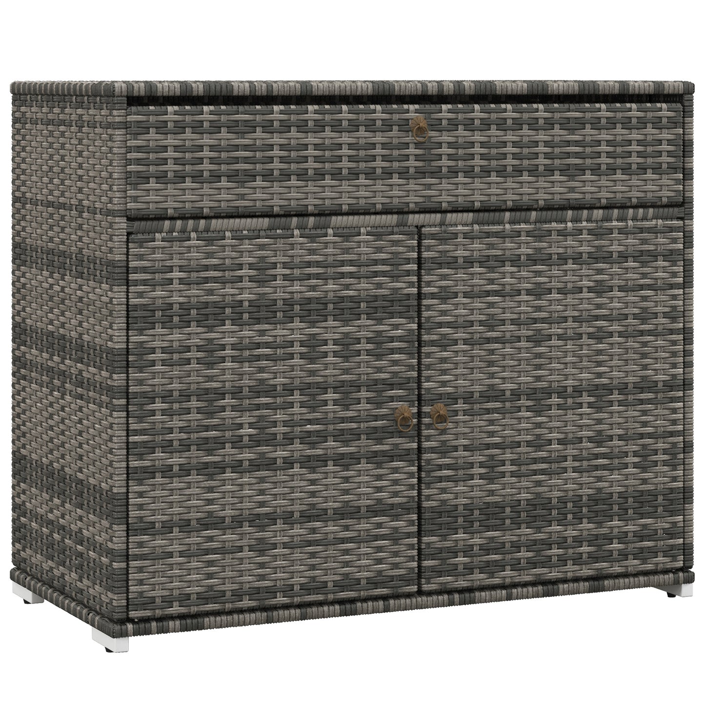 Grey wicker cabinet with a single drawer and two doors featuring bronze pull handles