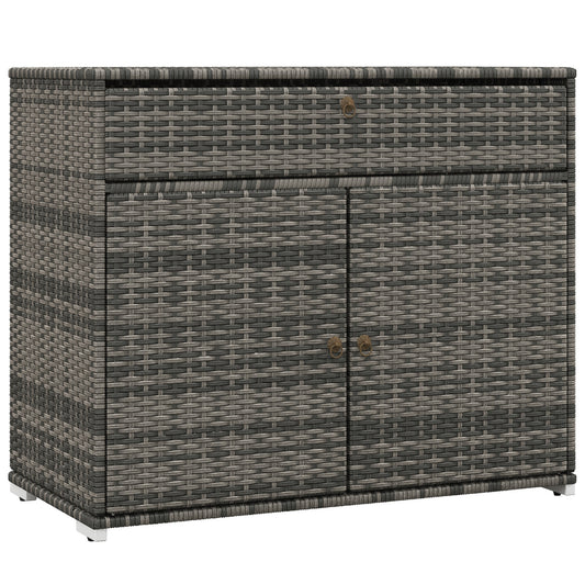 Grey wicker cabinet with a single drawer and two doors featuring bronze pull handles