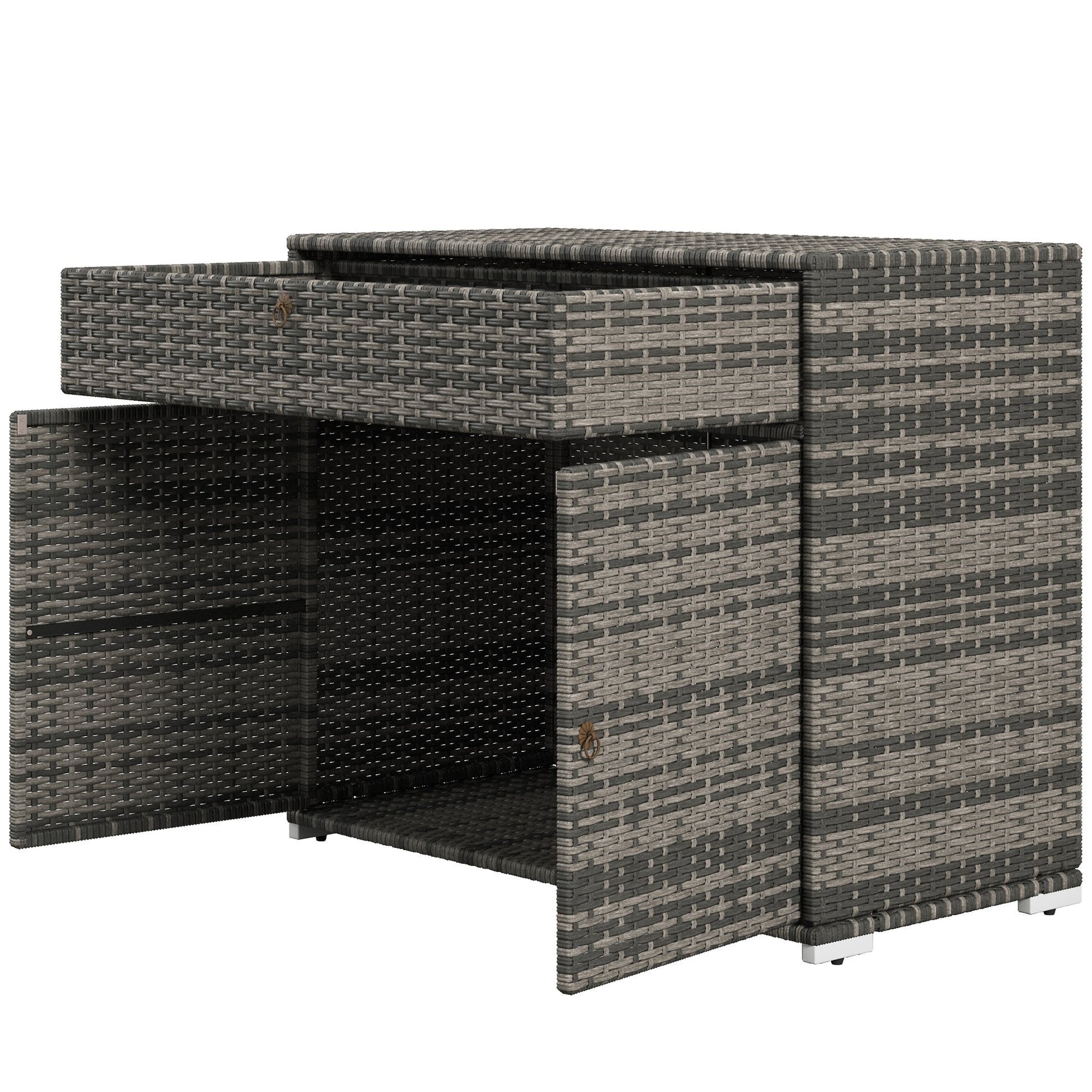 Grey rattan storage bench with open doors and drawer ideal for patio furniture
