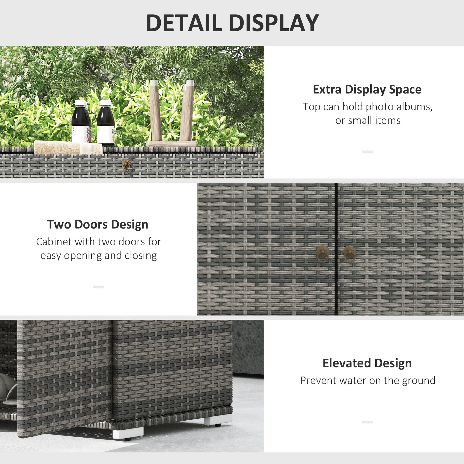 Gray rattan cabinet with two doors and bronze ring pulls ideal for outdoor storage