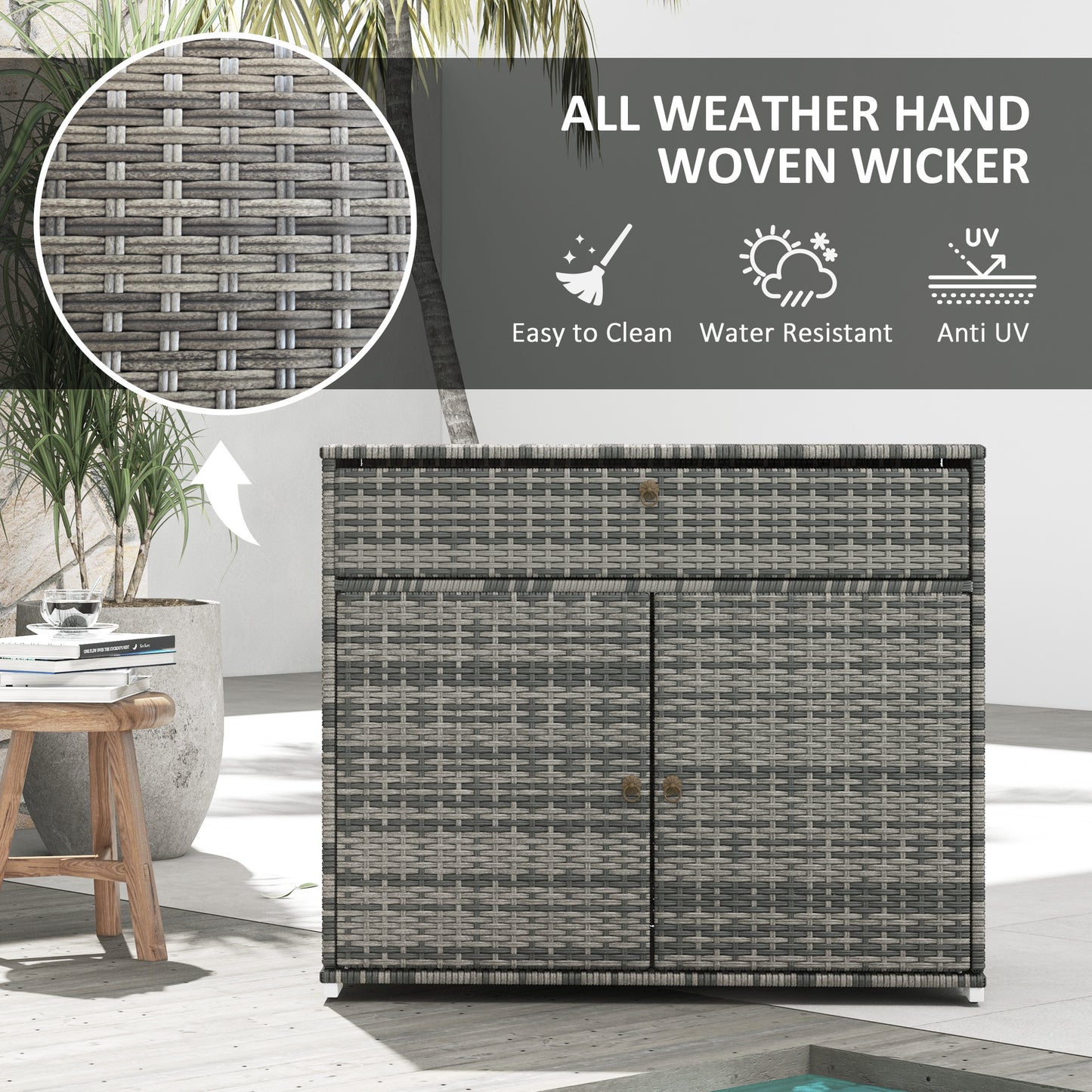 Grey all weather hand woven wicker storage cabinet with metal handles