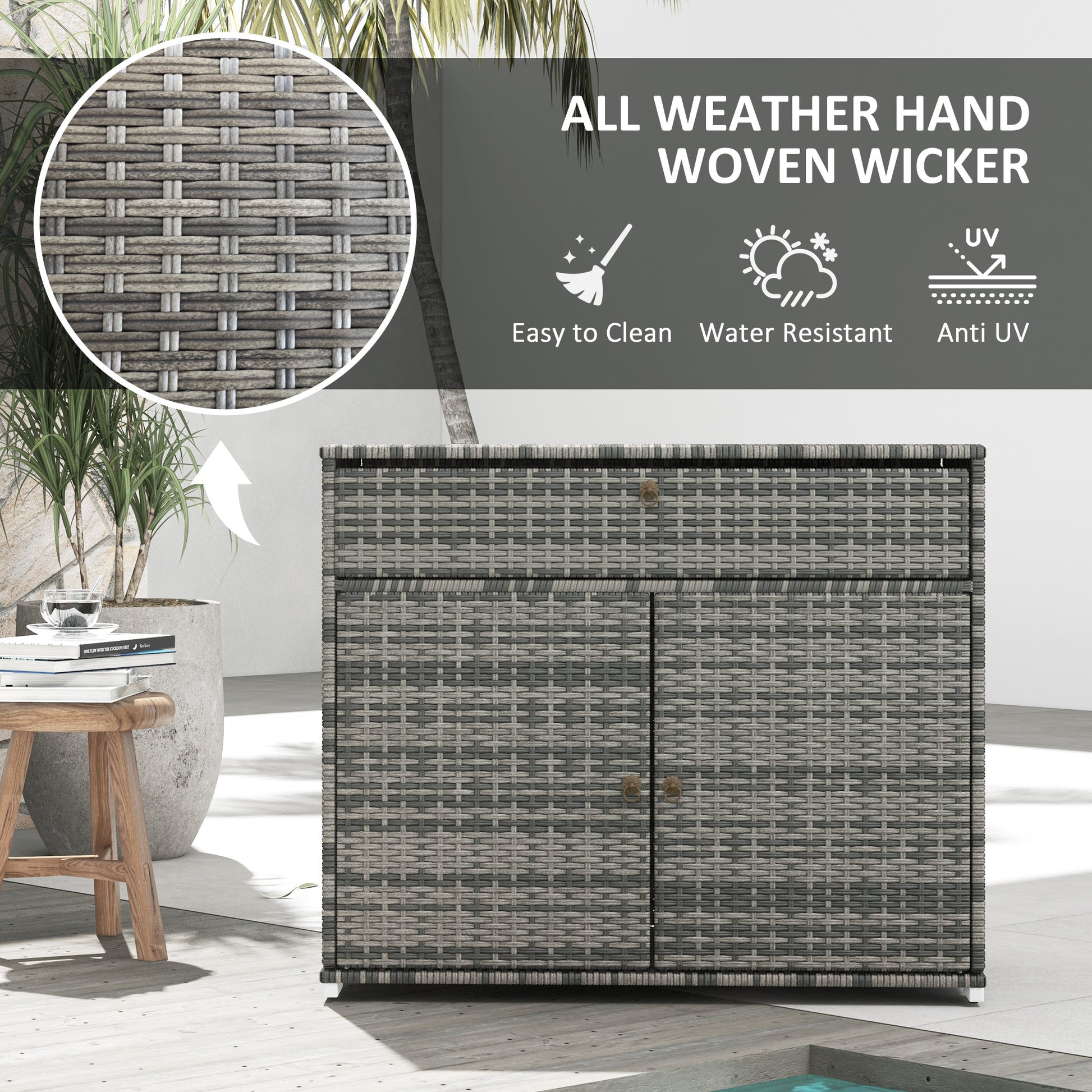 Grey all weather hand woven wicker storage cabinet with metal handles