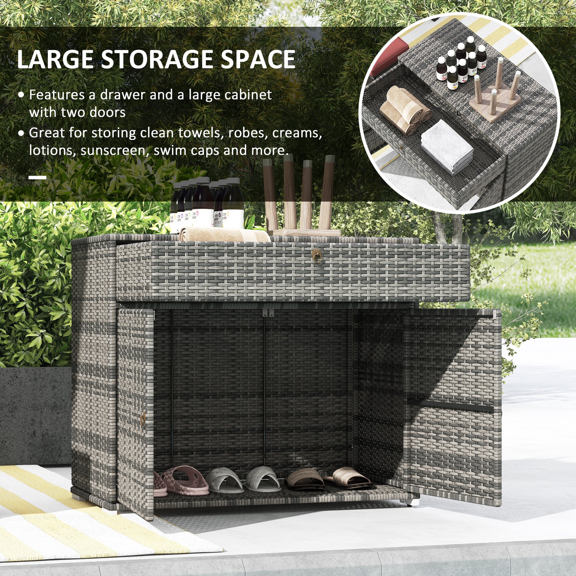 Gray wicker outdoor storage cabinet with two doors and a drawer perfect for patio items