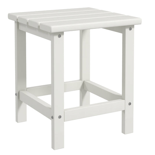 White slatted top wood side table with sturdy frame perfect for patios