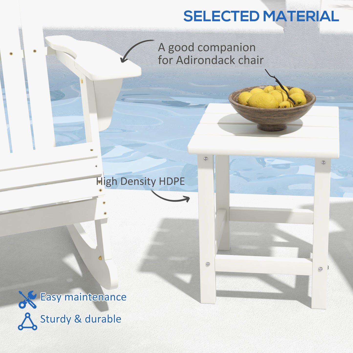 White HDPE Adirondack chair side table with slatted top companion to outdoor seating