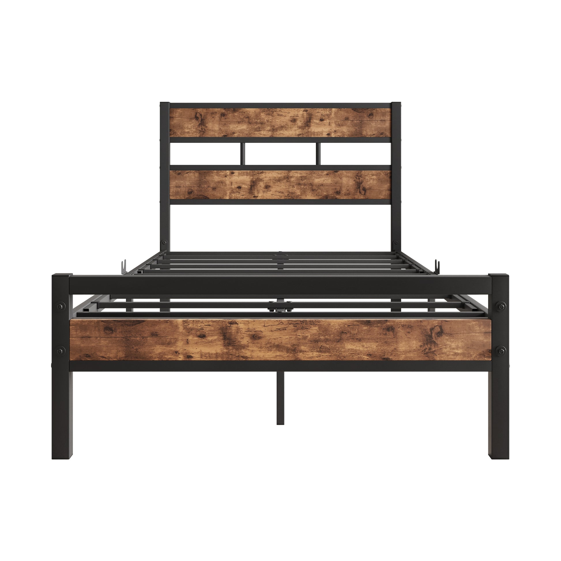 Industrial style metal bed frame with rustic wood accents