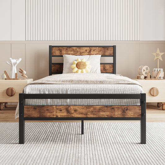 Rustic wood and metal twin bed frame with horizontal headboard planks