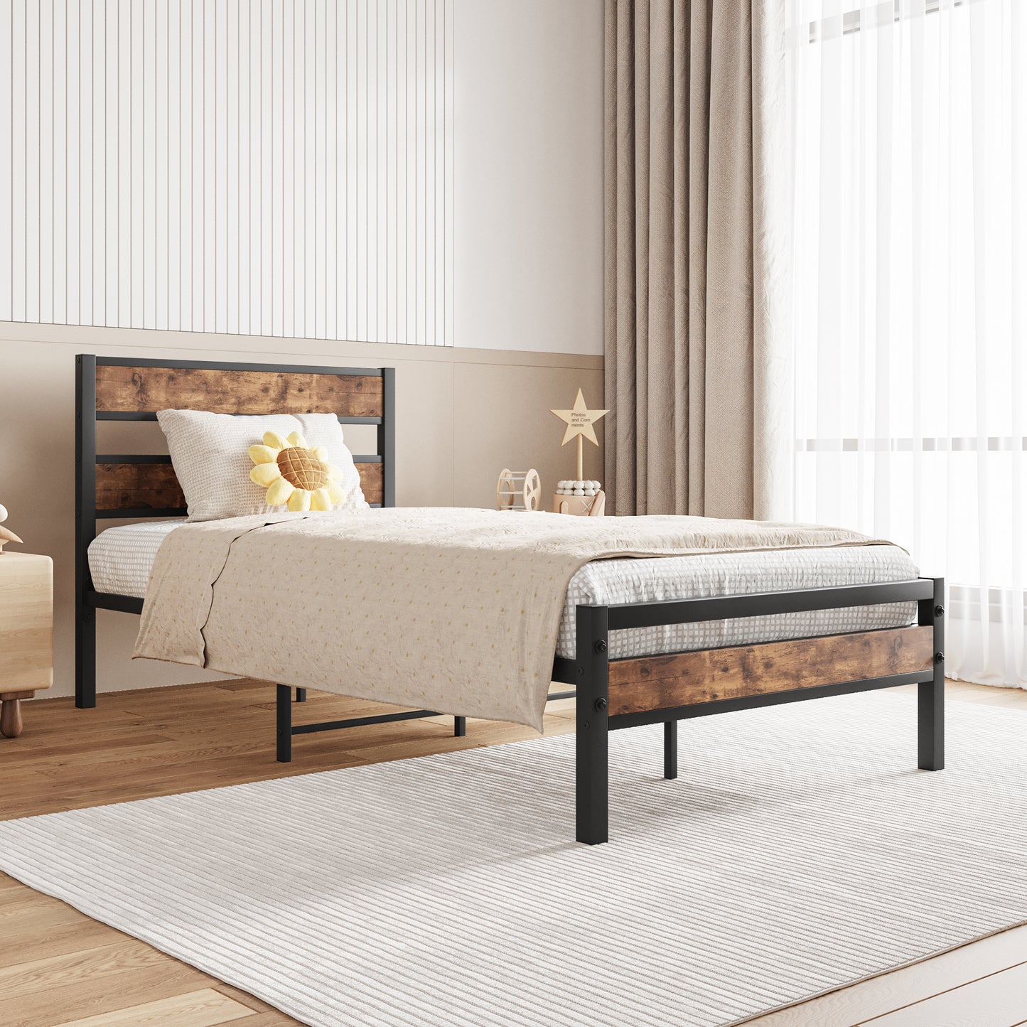 Twin bed frame with rustic wood and black metal headboard
