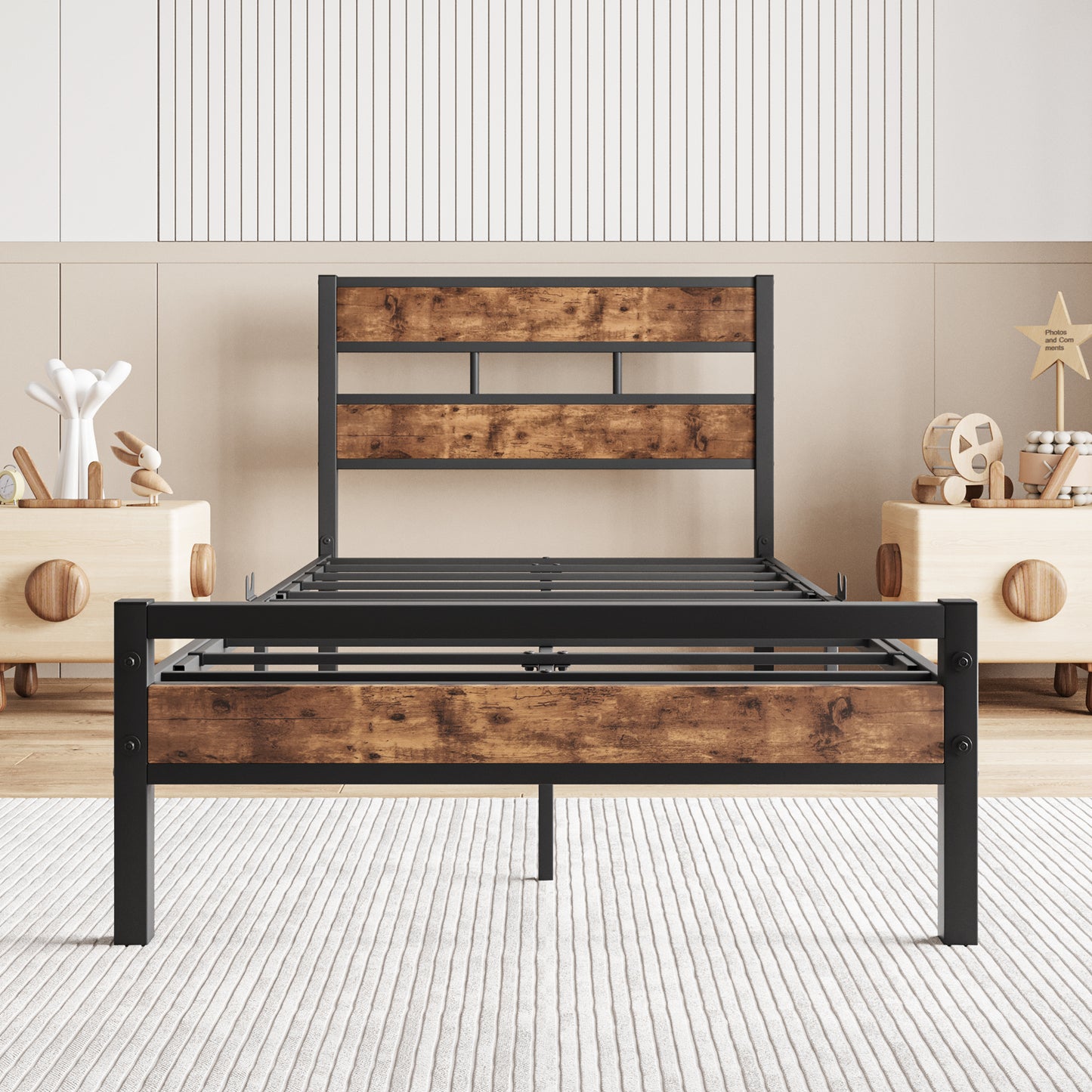 Rustic wood and black metal king bed frame with platform support