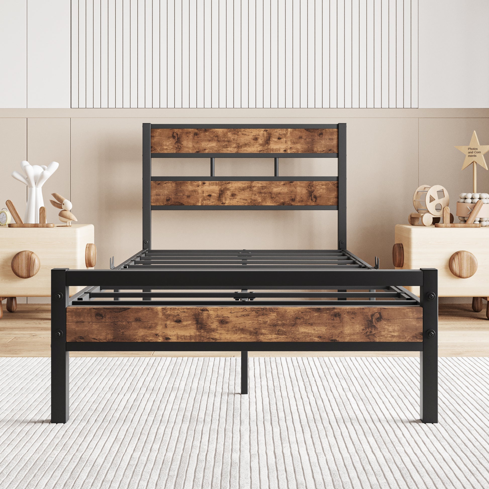 Rustic wood and black metal king bed frame with platform support