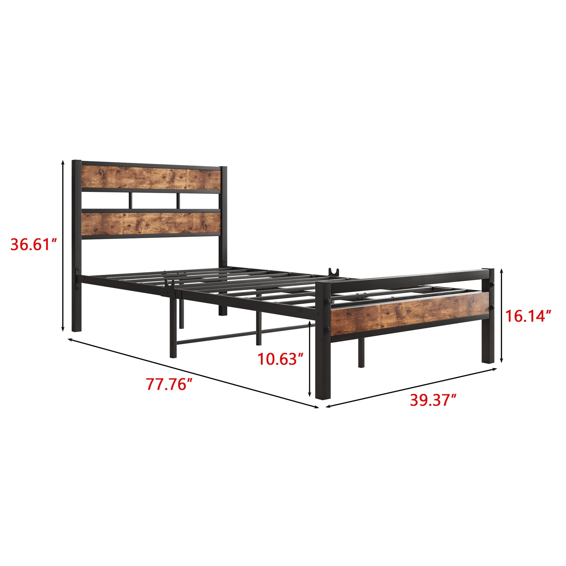 Rustic metal twin bed frame with woodlook headboard