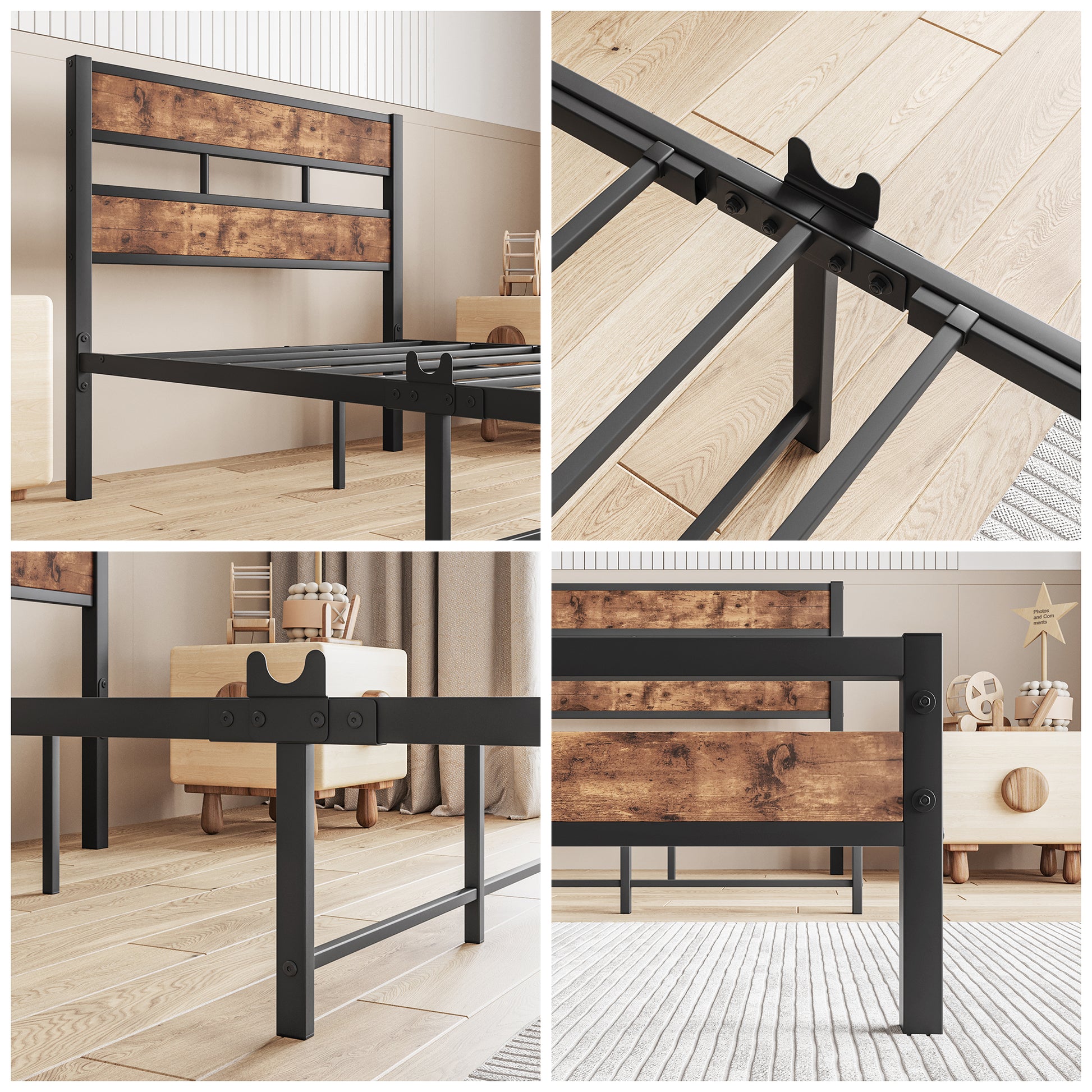 Rustic wood and black metal headboard for a twin bed