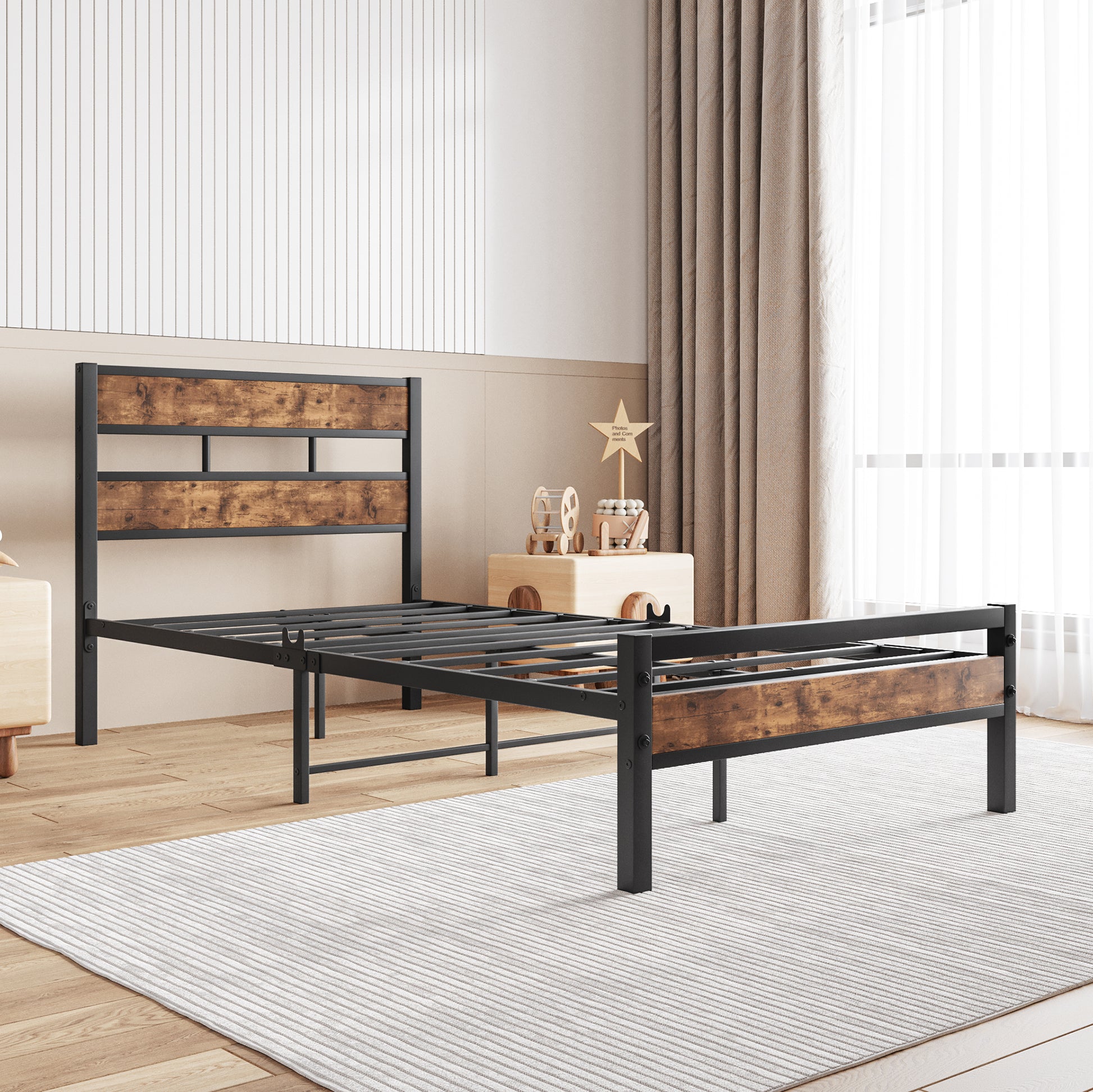 Industrial metal bed frame with rustic wood headboard and footboard