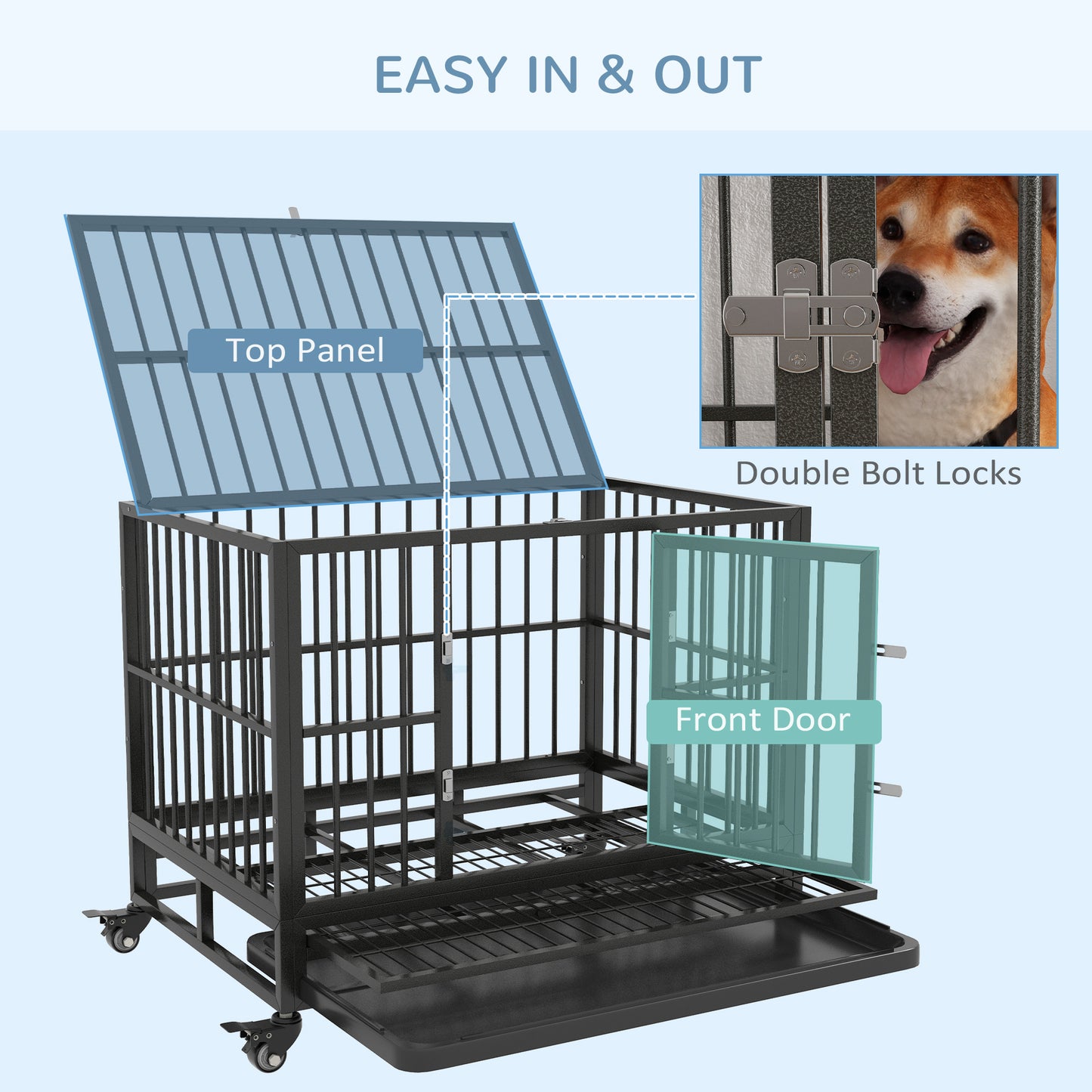Heavyduty black metal dog crate with hinged top panel and front door