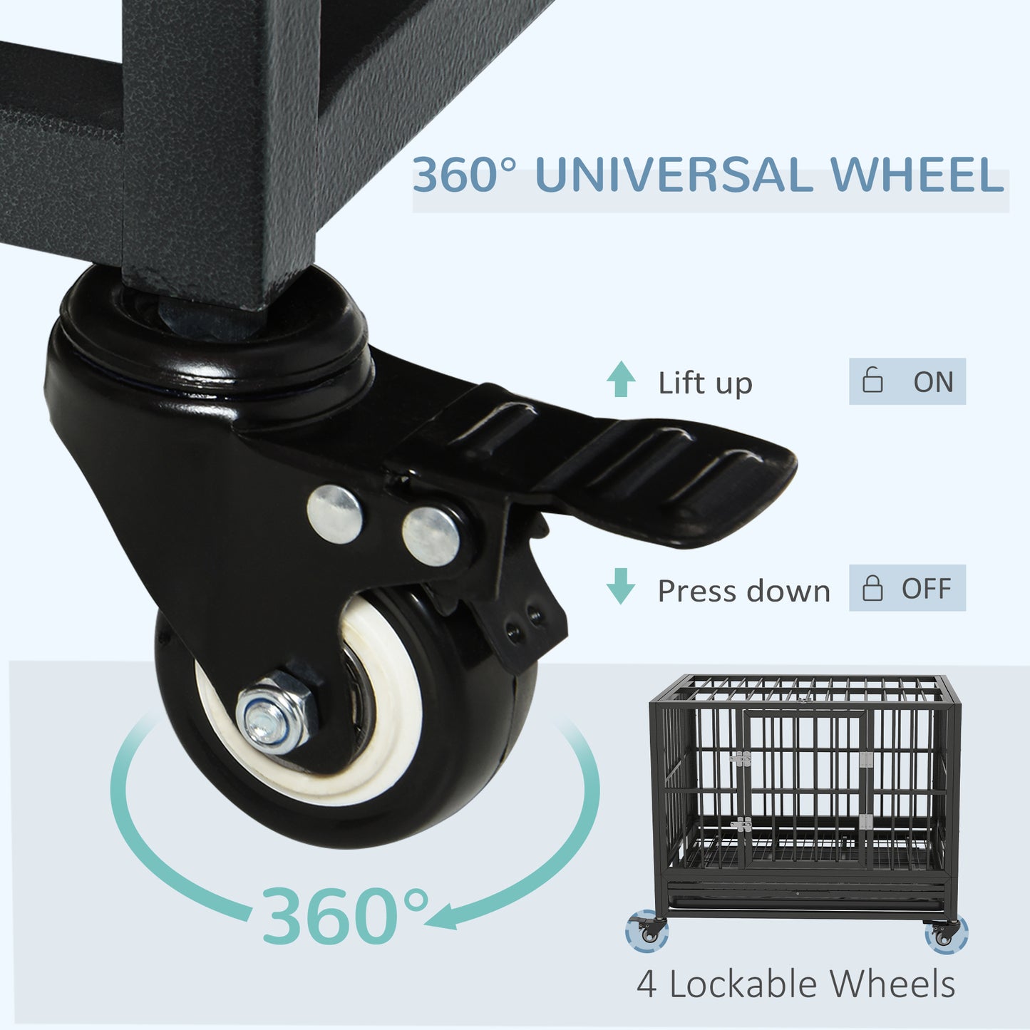 Closeup of a black metal heavy duty caster wheel with a locking mechanism and white rubber tire ideal for furniture