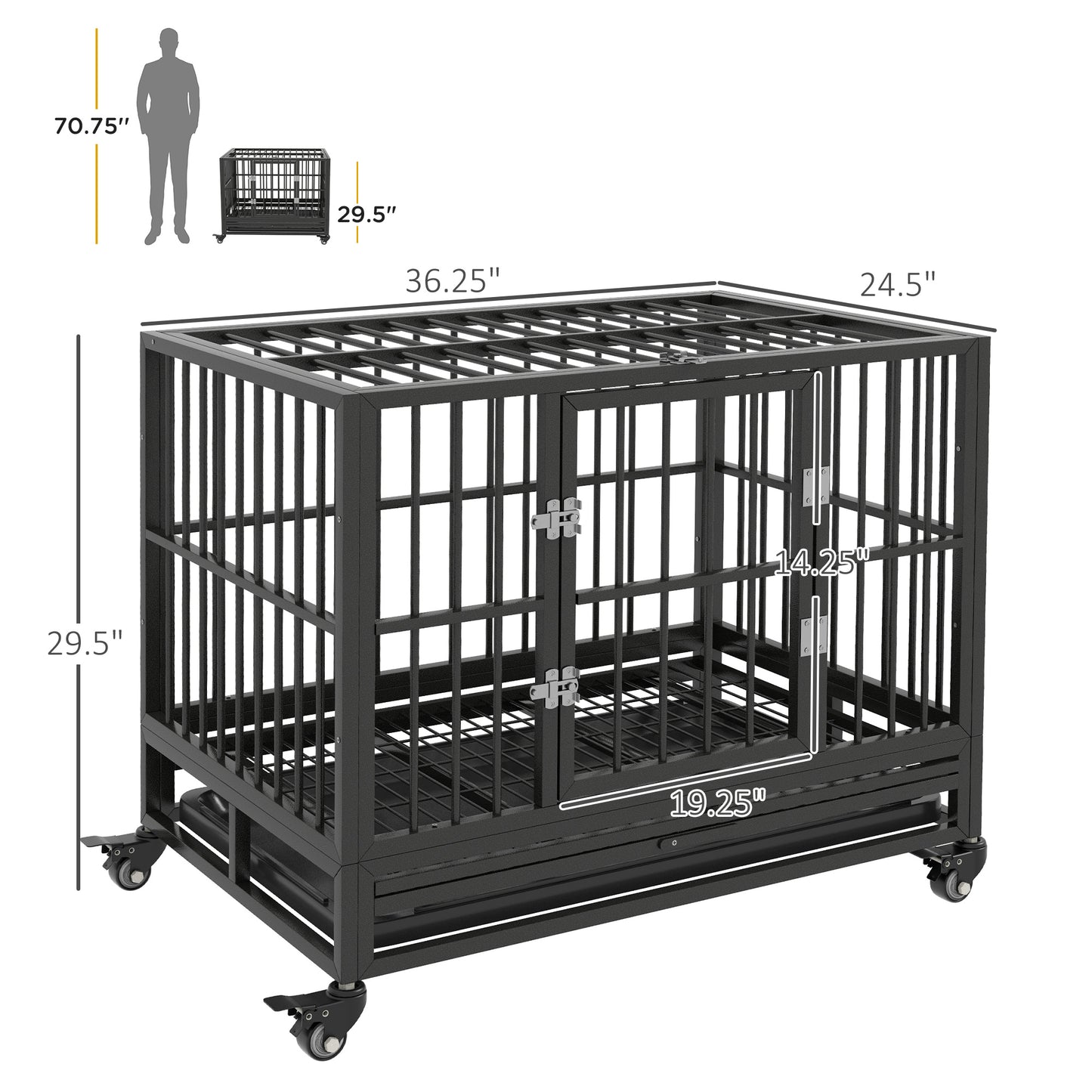 Heavyduty black metal dog crate with double doors and castor wheels  long