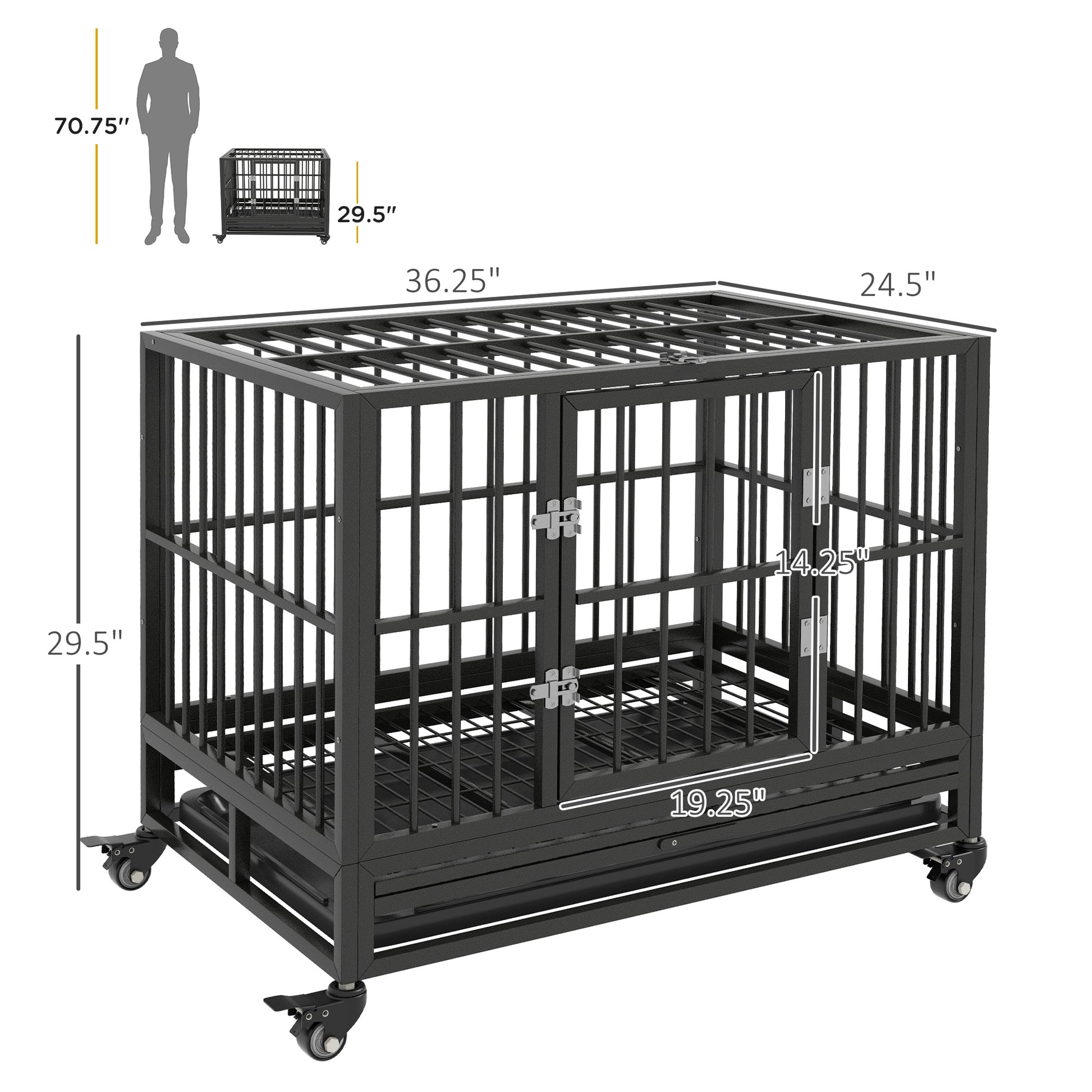 Heavyduty black metal dog crate with double doors and castor wheels  long